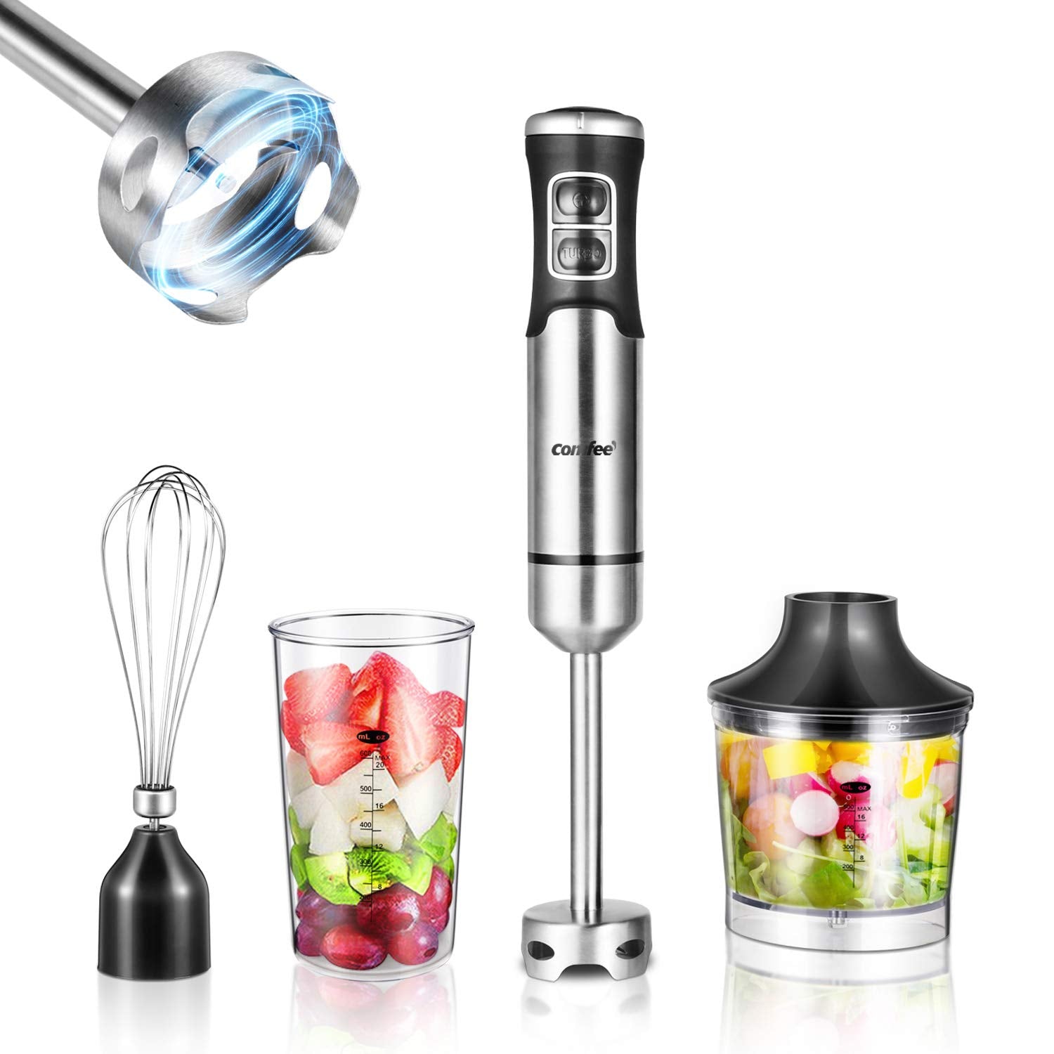 Comfee' Immersion Hand Blender, Brushed Stainless Steel, Multipurpose Stick Blender With 500 Watts, 600Ml Beaker, 500Ml Chopper And Whisk, Perfect For Baby Food, Smoothies, Sauces And Soups, Black
