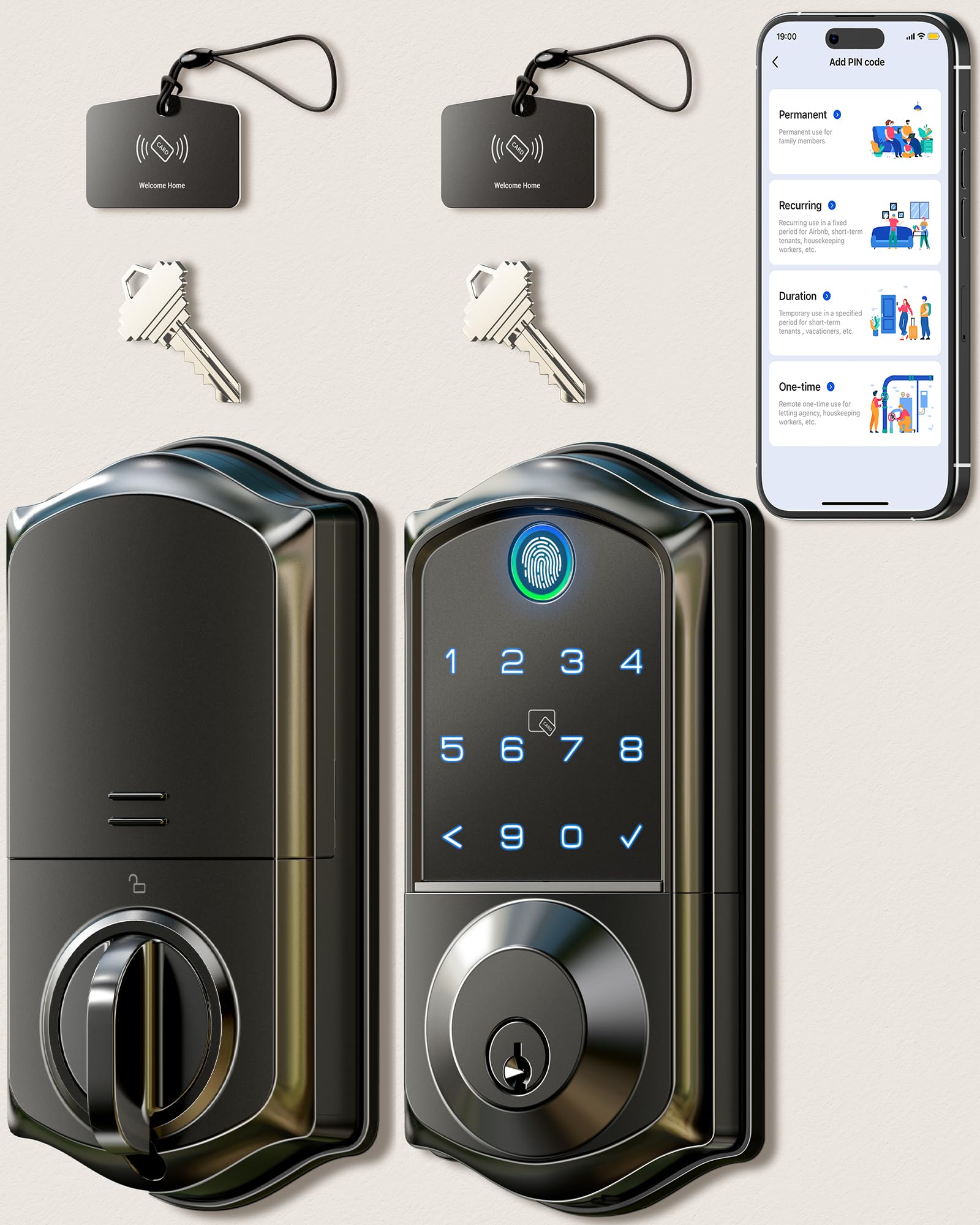 Veise Ve017 Fingerprint Smart Door Lock, App Control, 7-In-1 Keyless Entry, Auto Lock, Emergency Power Port, Electronic Touchscreen Keypad, Biometric Smart Locks For Front Door, Matte Black
