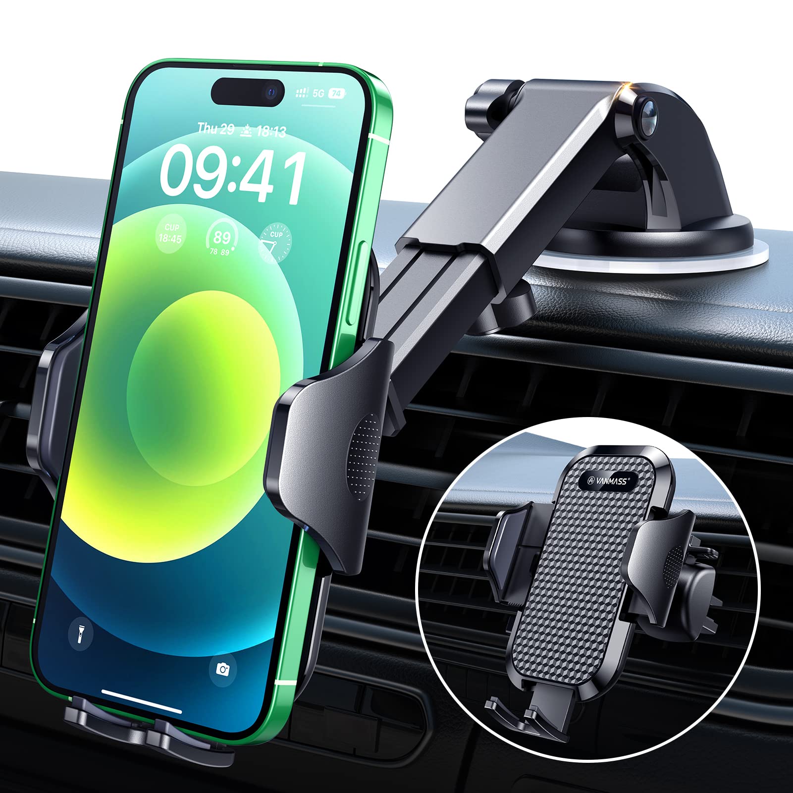 Vanmass Car Phone Holder  Military-Grade Phone Holder For Your Car Windshield Dashboard【 65 Lbs Strongest Suction】【Patent & Safety Certs】 Universal Cell Phone Car Mount For Iphone Samsung Android
