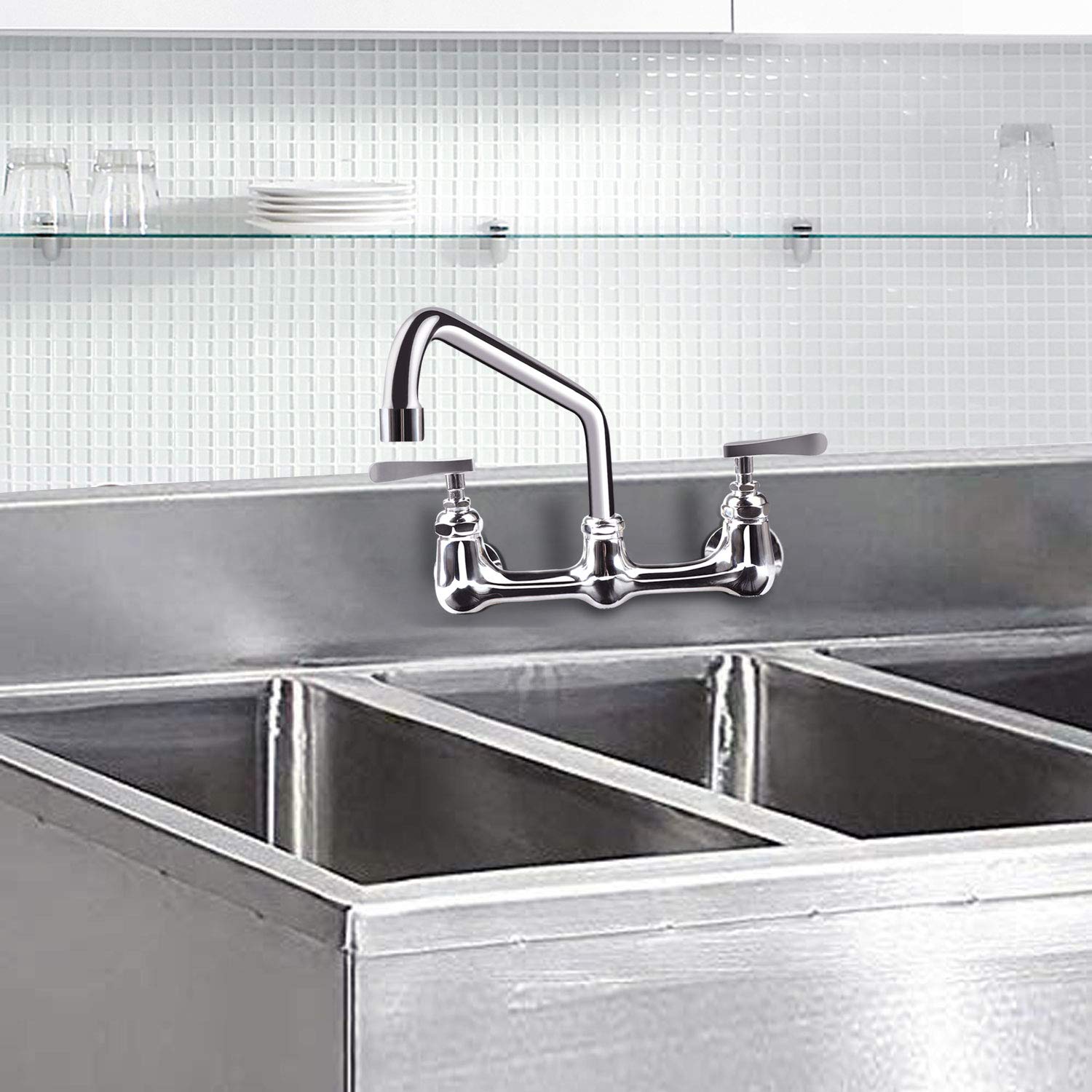 Kwode Swivel Swing Nozzle Spout 12 Inch Replacement Kit For Commercial Kitchen Sink Faucet Stainless Steel Add-On Spout Fits For 2 Or 3 Bay Compartment Sinks, Chrome Finish (M251.25Mm)