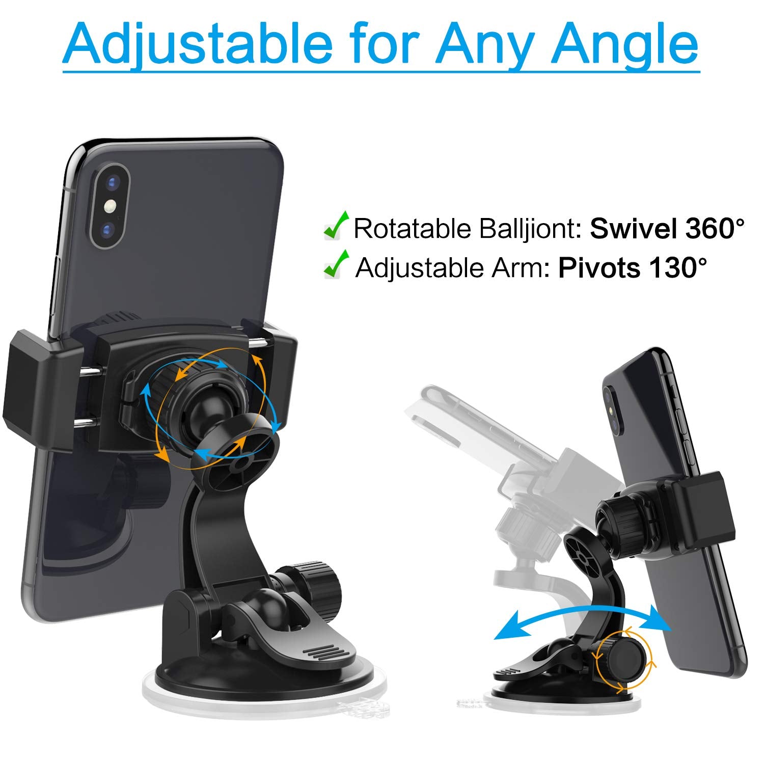 Apps2Car Suction Cup Phone Holder For Car With Adjustable Arm, Low Profile Dashboard Phone Mount Compact Windshield Window Dash Mobile Stand Compatible W/All Iphone And Android Cell Phones