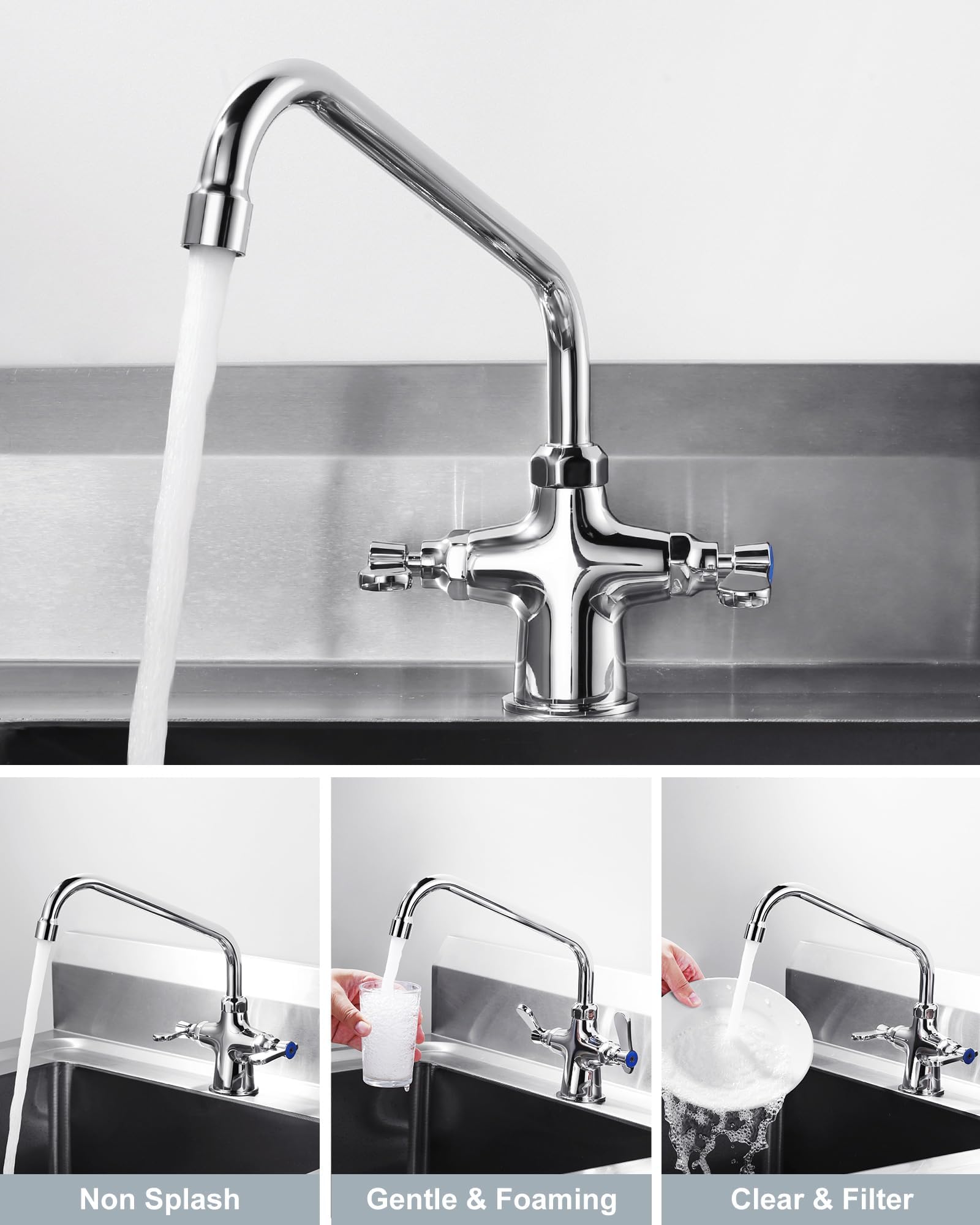 Iviga Dual Handle Kitchen Faucet Deck Mount, Commercial Kitchen Sink Faucet Simple Modern 10" Swing Spout, Kitchen Faucets Utility Sink Faucet Brass Construction With Supply Lines - Chrome