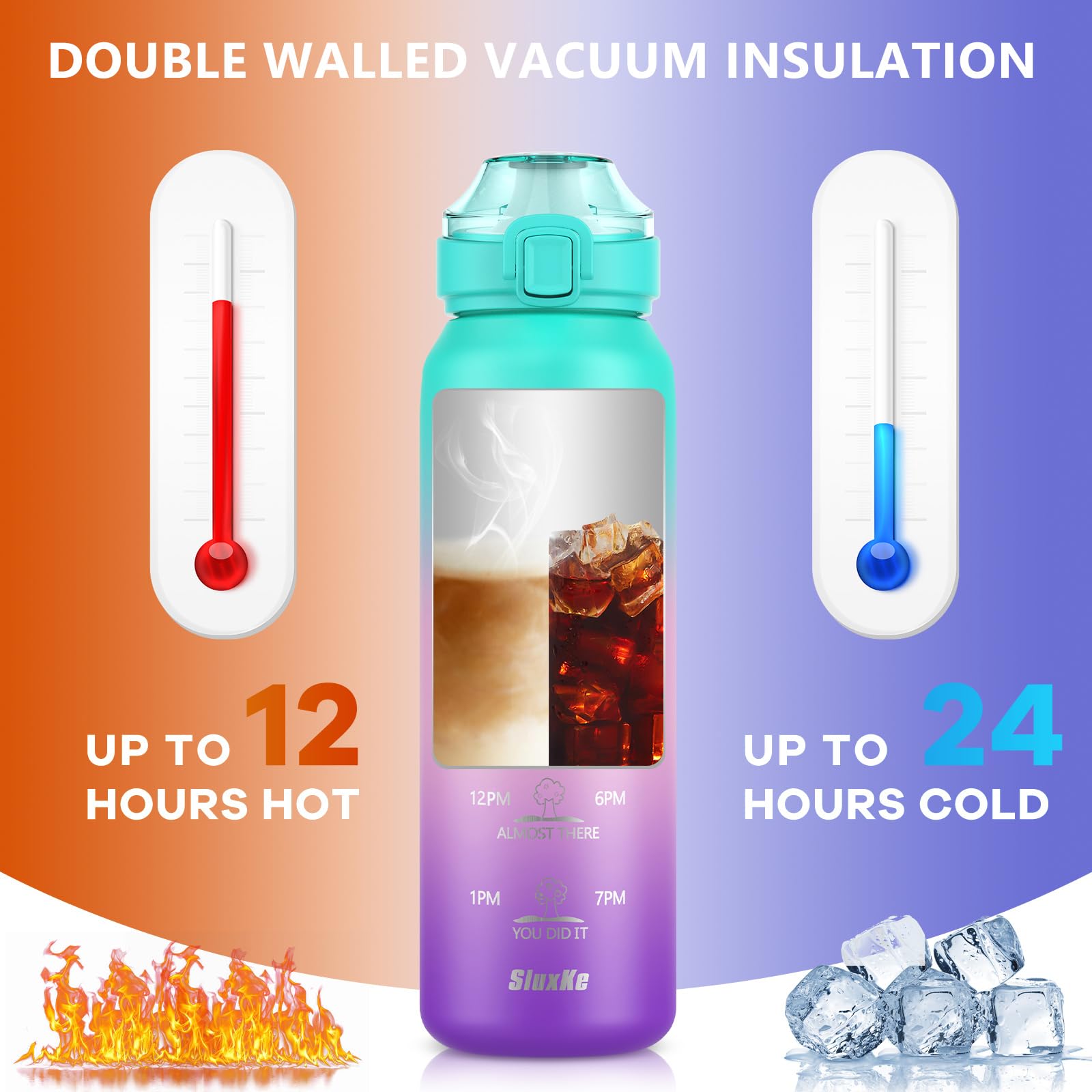Insulated Water Bottle 32Oz With 2Lids,18/10 Stainless Steel 1000Ml Insulated Water Bottle Double