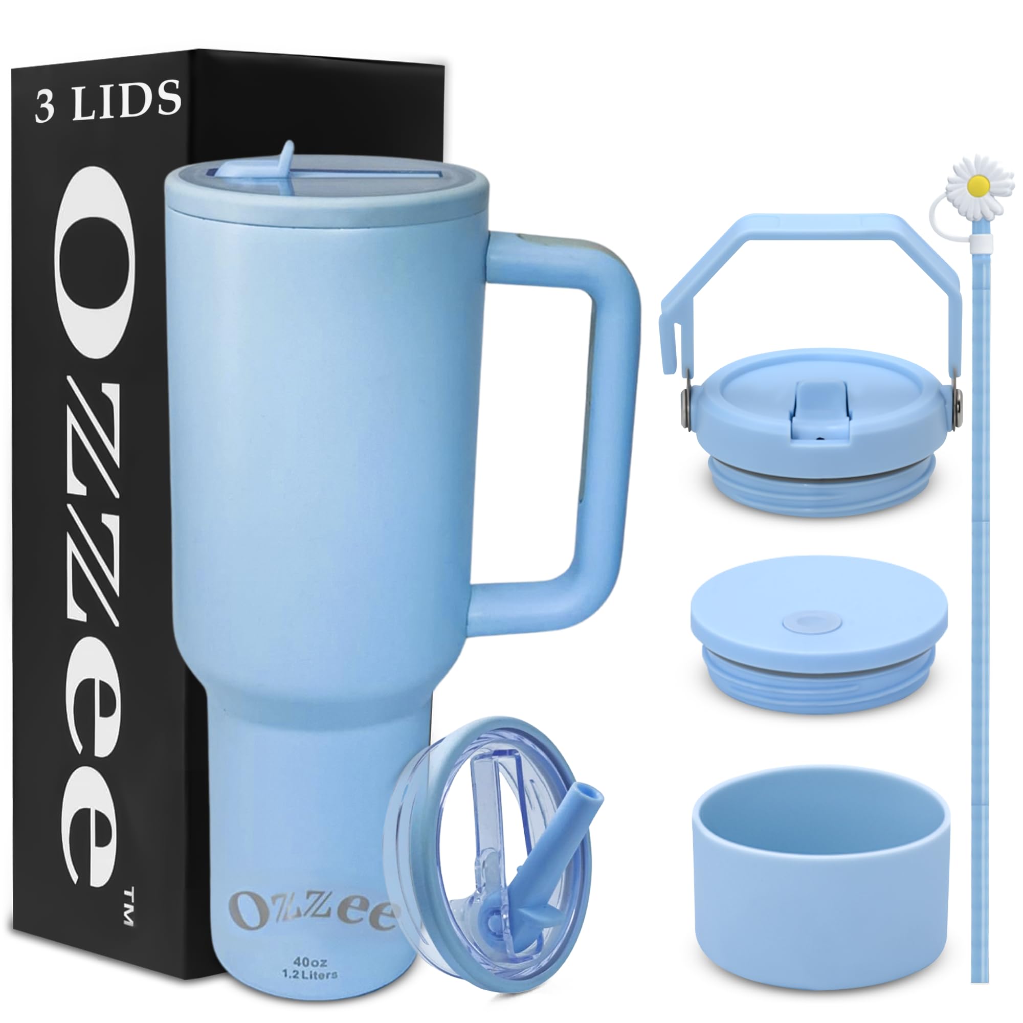 Traveler - 40 Oz Water Bottle With Handle & Flip Straw 3 Leakproof Lids, Stainless Steel Vacuum