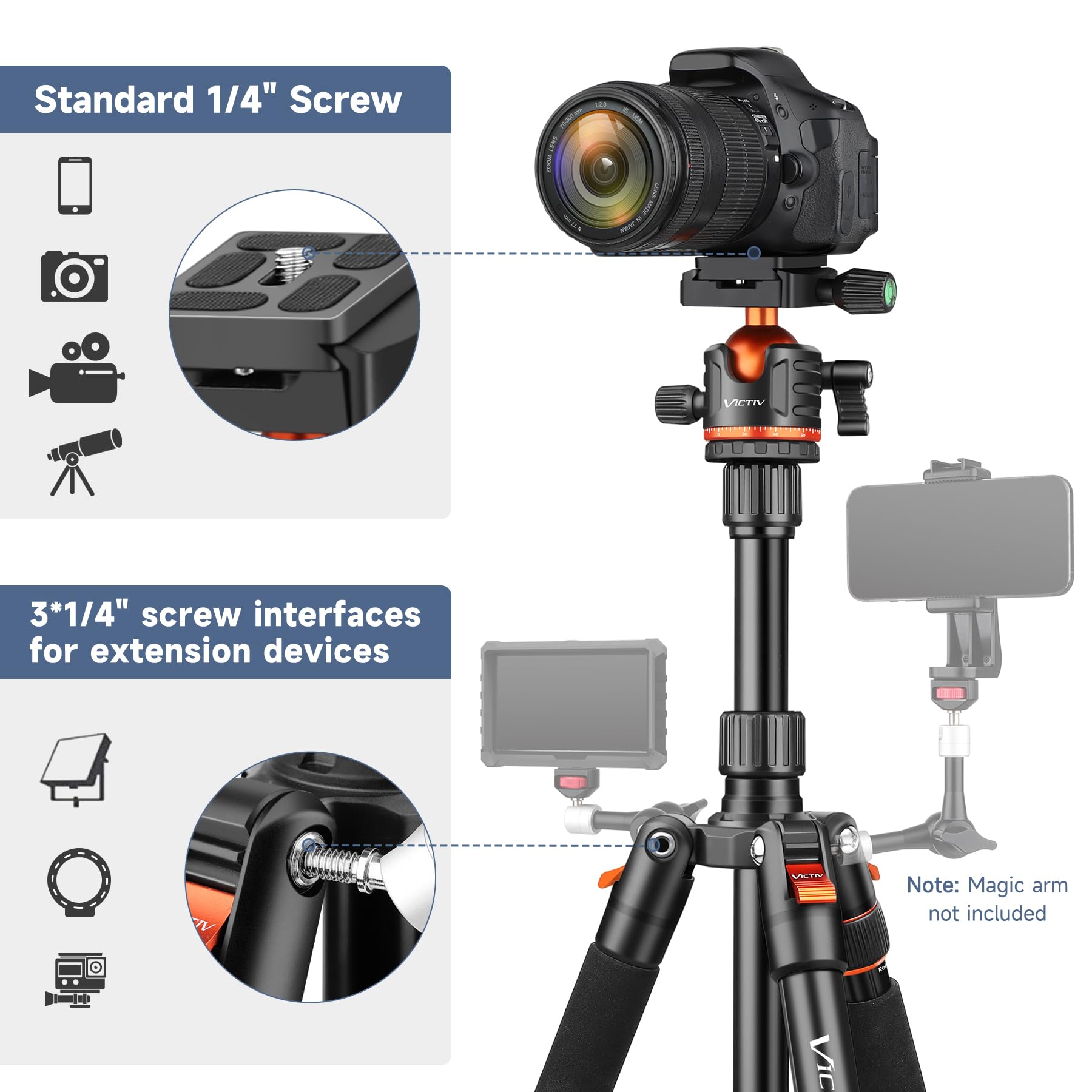 Victiv 76 Inch Camera Tripod Stand With 360° Panorama Ball Head, Universal Phone Holder, Portable Bag, Entry-Level Lightweight Travel Compact Tripod, Compatible With Canon Sony Cameras Dslr Gopros