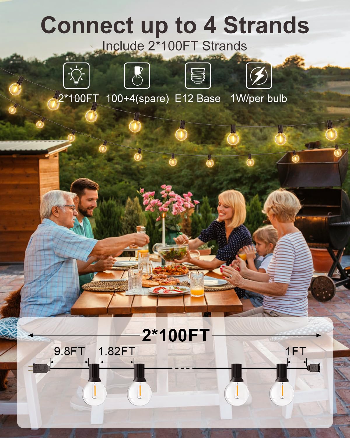 Gluroo 200Ft(100Ft2Pc) Outdoor String Lights, G40 Led Patio Lights With 100+4 Bulbs, Waterproof Shatterproof Dimmable Globe Hanging Outdoor Patio Lights Cafe, Bistro Outside Lights For Patio