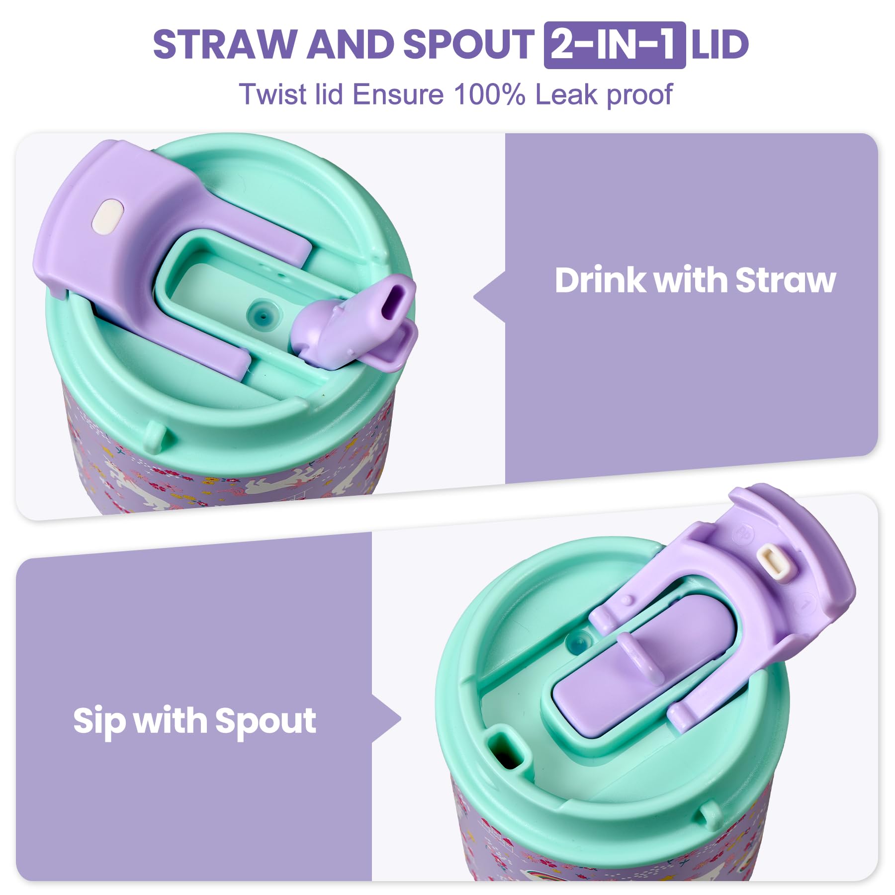 13.5Oz Kids Insulated Tumbler With Straw,2 Pack Kids Insulated Water Bottle Stainless Steel Double