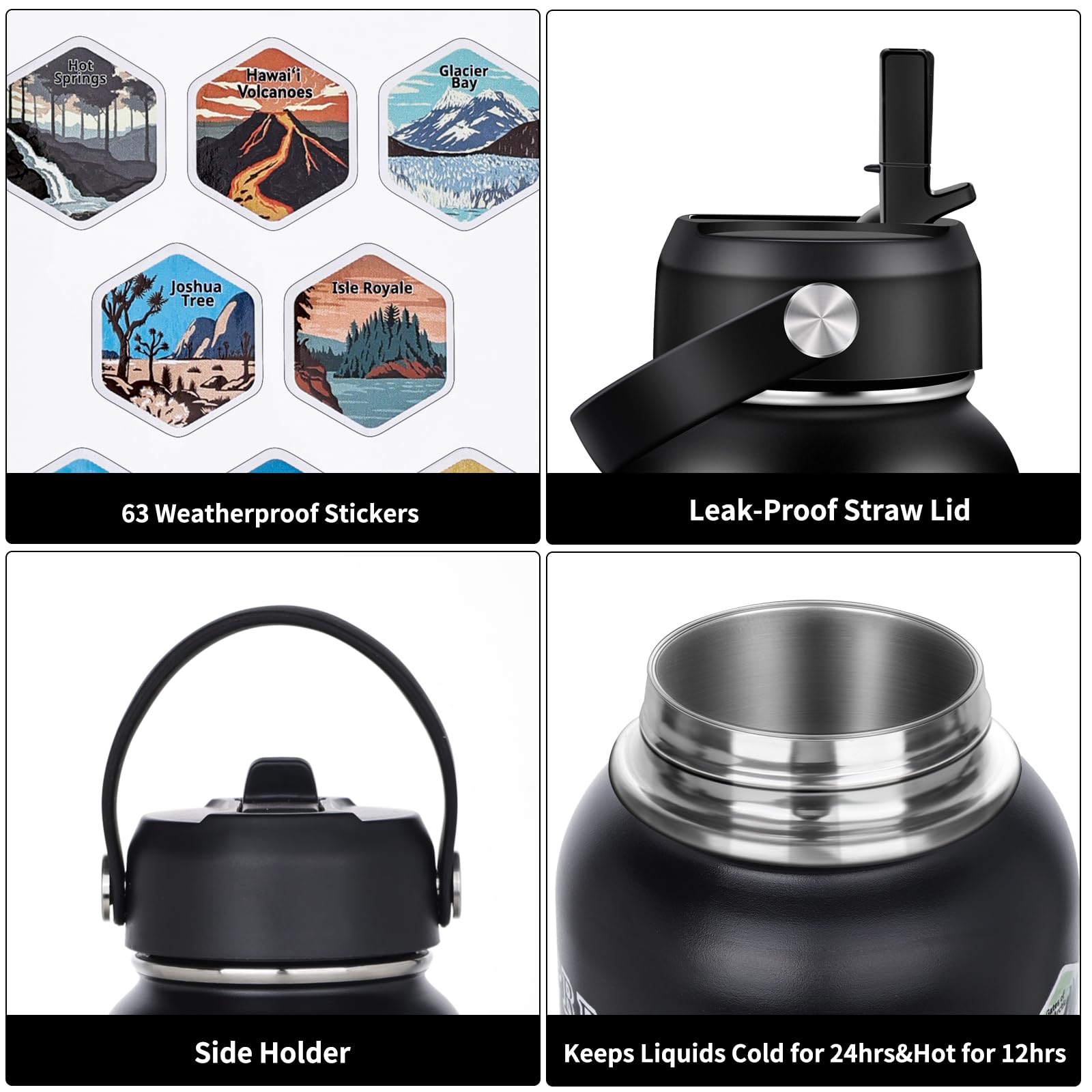 63 National Parks Water Bottle With Water Proof Stickers,32 Oz Leak Proof Insulated Stainless Steel