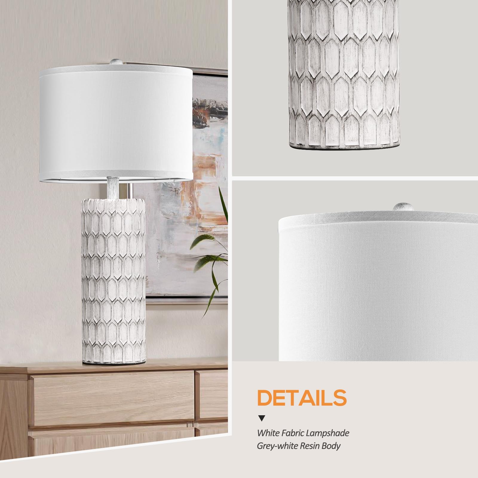 Spclsim 26" Farmhouse Table Lamps For Bedrooms Set Of 2, Traditional Tall End Table Lamps For Living Room,Rustic Bedside Nightstand Lamps With Grey-White Resin Body White Fabric Shade,Bulbs Included