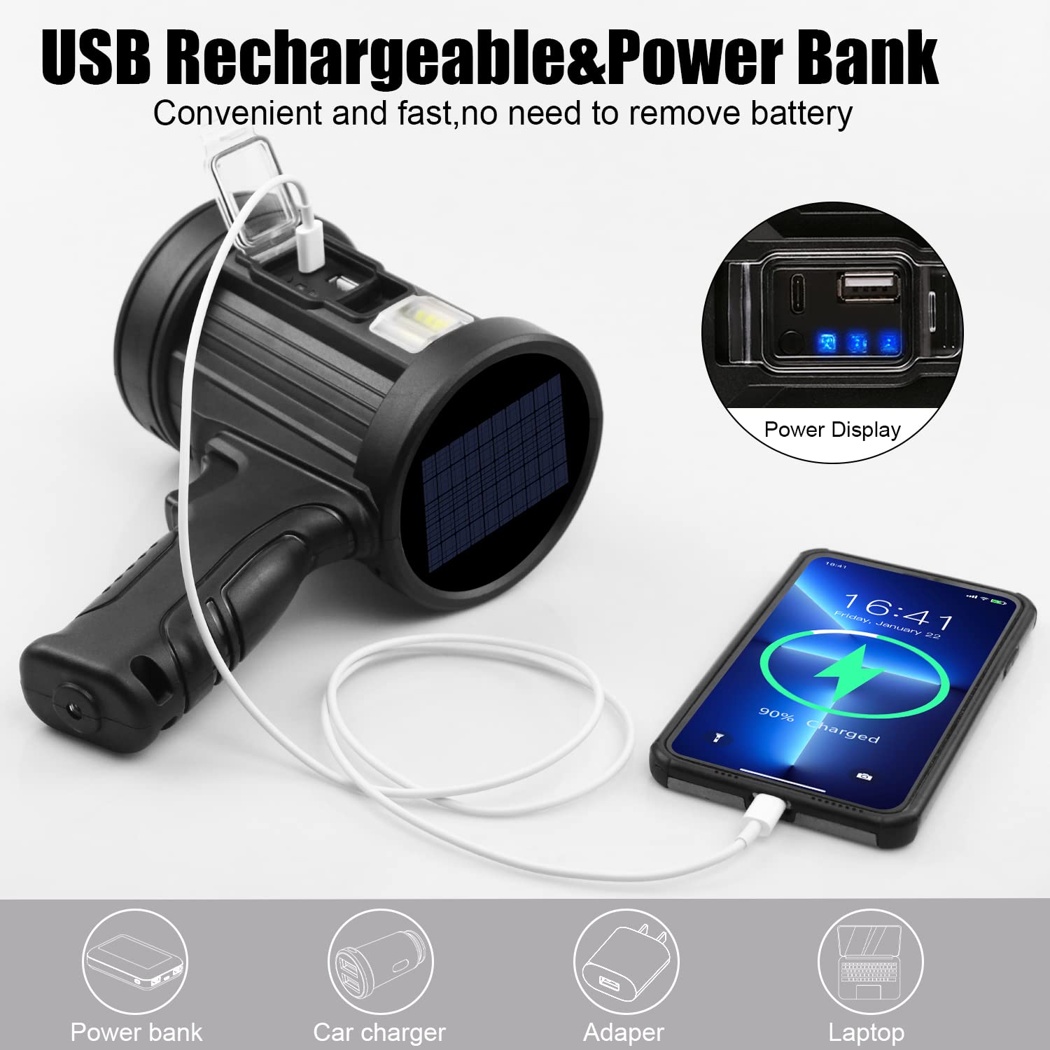 Buthsku Rechargeable Flashlight, 90000 Lumens Handheld Flashlight With Cob Light, 4 Color 6 Modes Portable Led Flashlight For Hunting Boating Camping