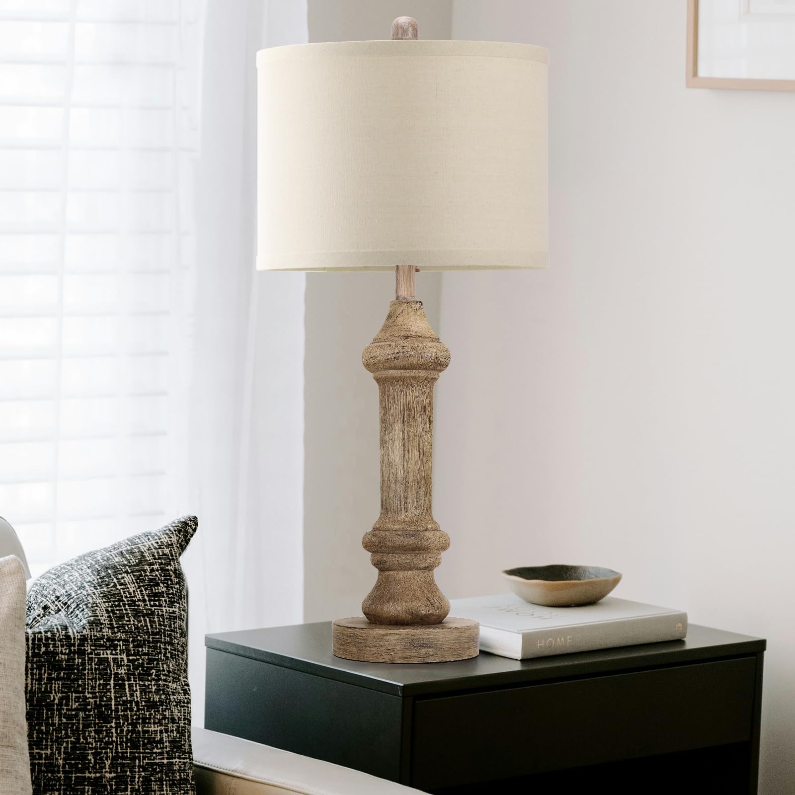 Spclsim Farmhouse Table Lamps For Bedroom Set Of 2, 25" Rustic Living Room End Table Lamps With Beige Resin Body Black Aged Texture Beige Shade, Vintage Bedside Nightstand Lamps, Bulb Not Included