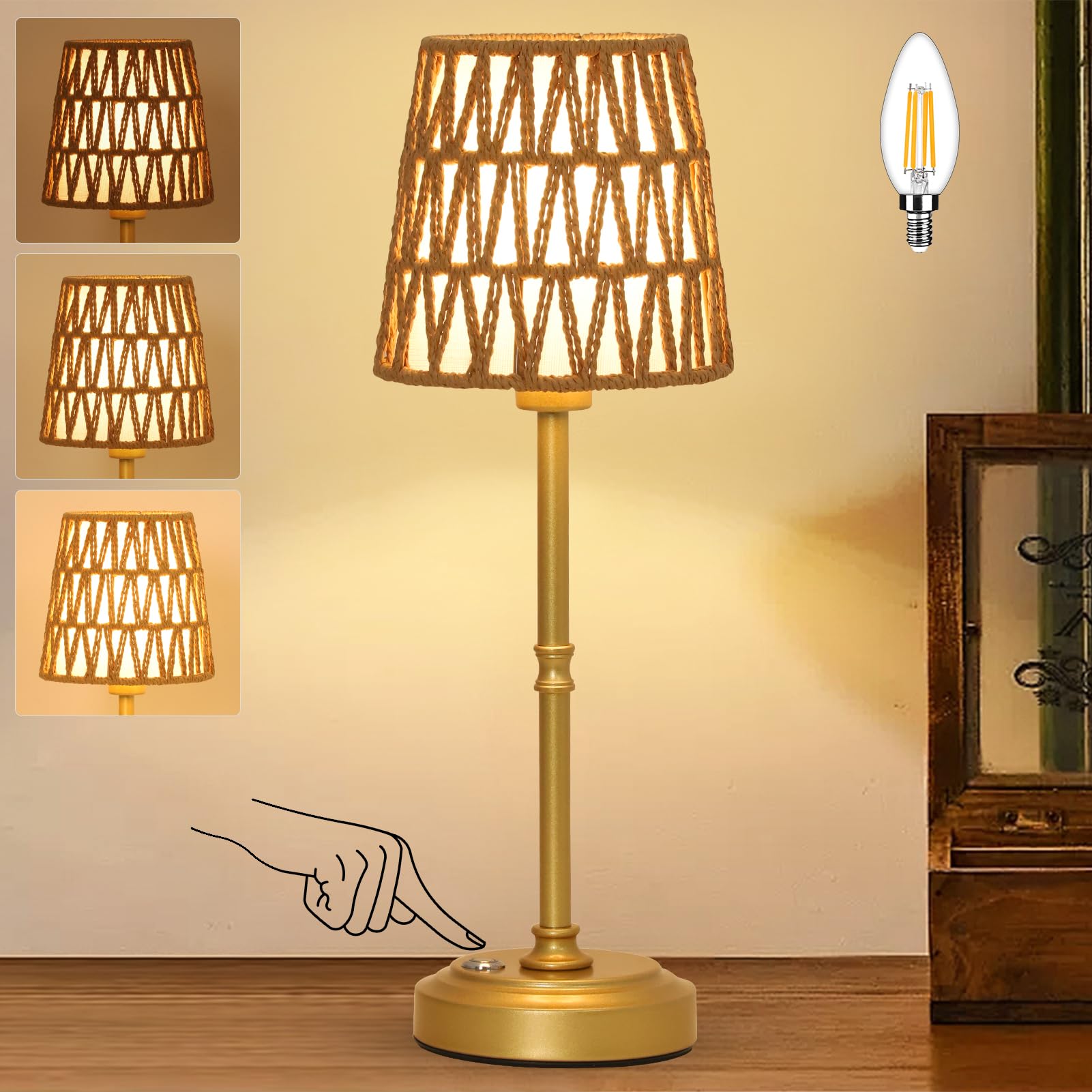 Eayaya Gold Rechargeable Rattan Cordless Table Lamp With Stepless Dimming & E12 Bulb, Touch Control Battery Powered Desk Lamp For Bedside, Nursery, Countertop, Bedroom