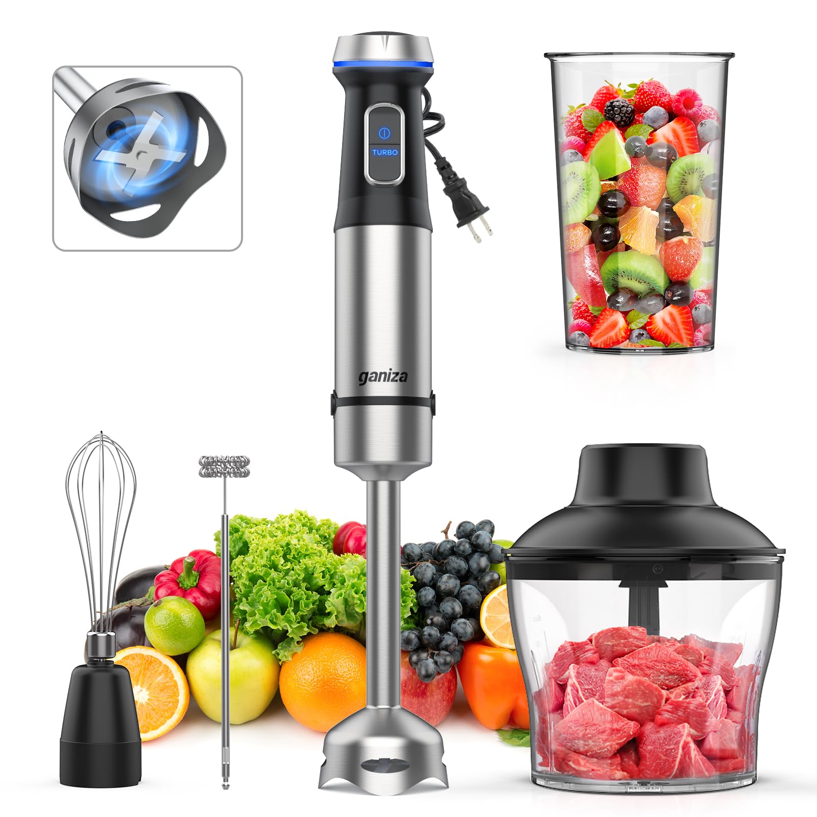 Ganiza Immersion Blender 5 In 1 Hand Blender Max 1000W Heavy Duty Motor, 16 Speed Mode Handheld Blender Stainless Steel Blade With 800Ml Mixing Beaker, 600Ml Chopper, Whisk And Milk Frother