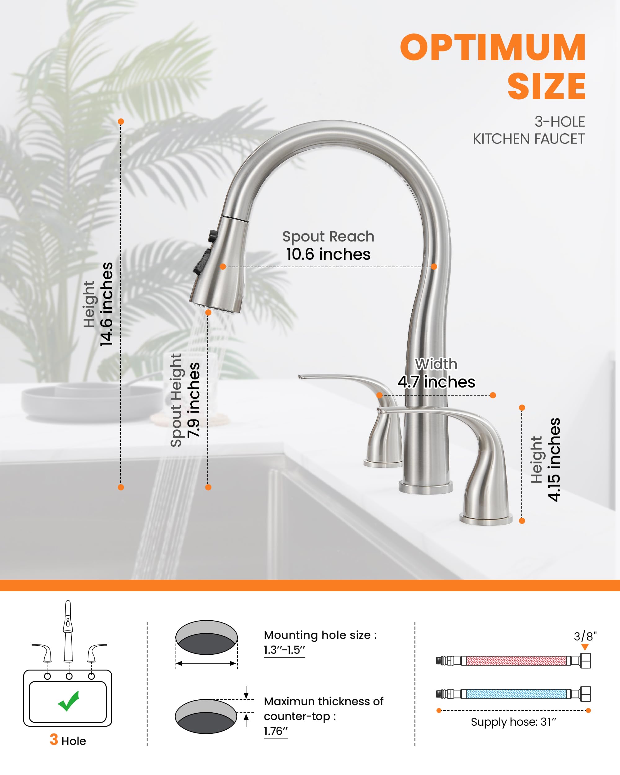 Tioriy 3 Hole Kitchen Faucet With Pull Down Sprayer, Brushed Nickel, Double Handle High Arc Faucet For Kitchen Sink With 3 Mode Spray, Stainless Steel, T-3005Bn