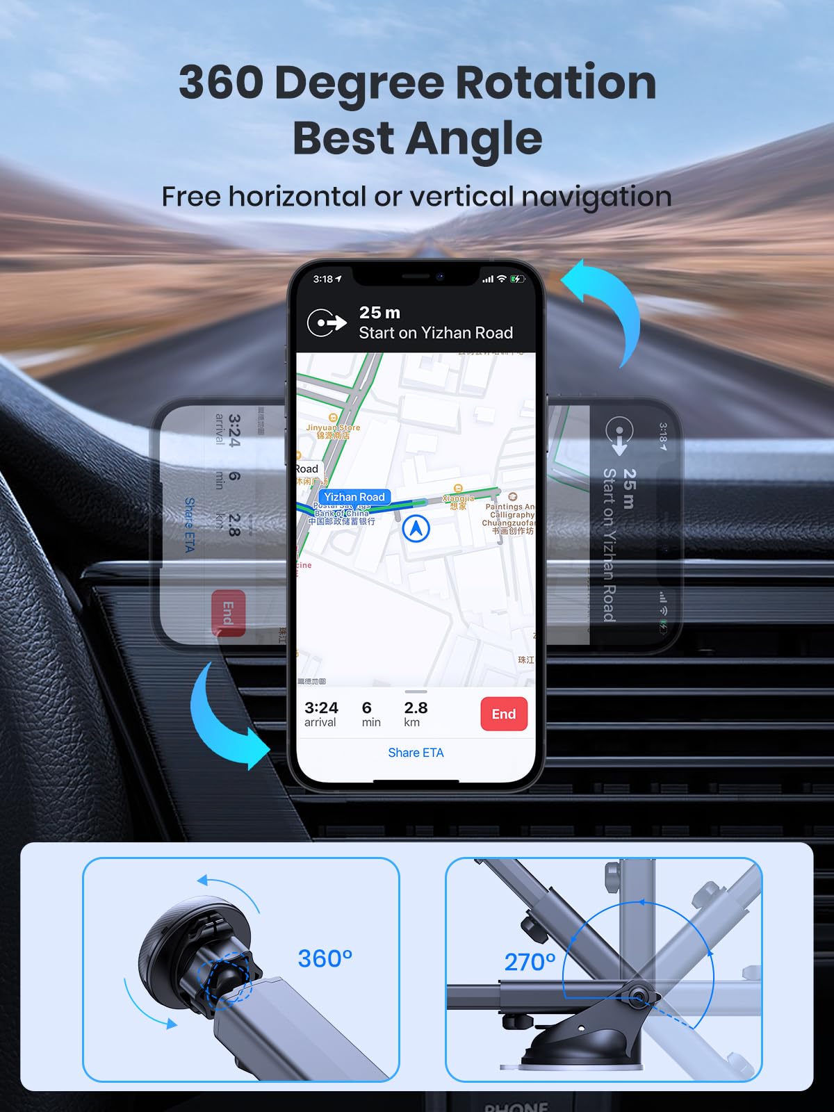 Topk Car Phone Holder Mount, Magnetic Phone Holder For Car Windshield And Dashboard, Adjustable Long Arm With Strongest Magnet For All Cellphones