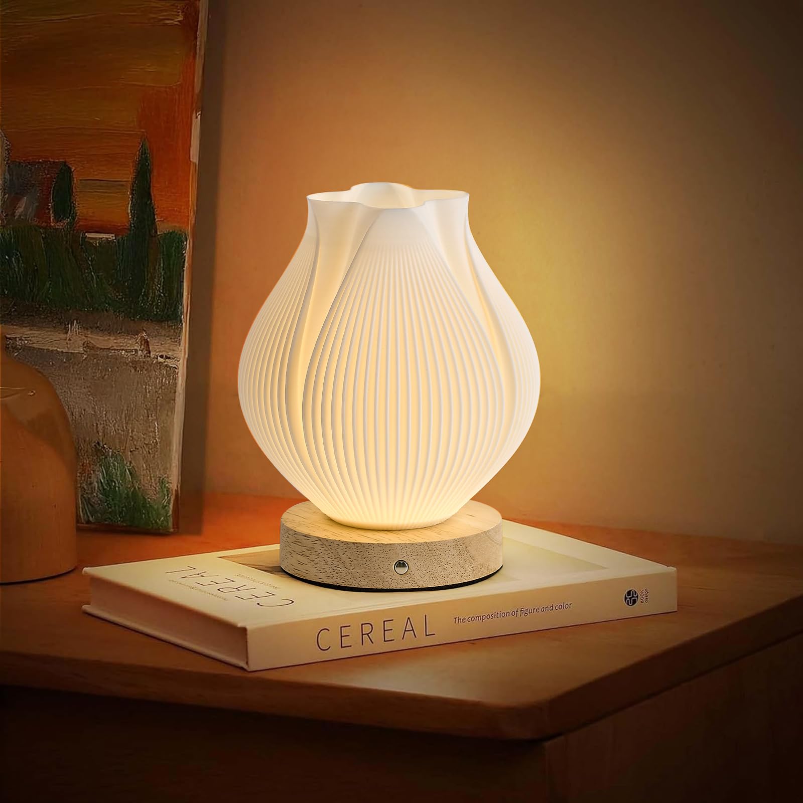 Sisihokai Portable Rechargeable Cordless Lamp, Touch 3 Color Stepless Dimmable Battery Operated Bedside Lamp For Bedroom, Cute Table Lamp For Living Room, Kids Room, Tulip