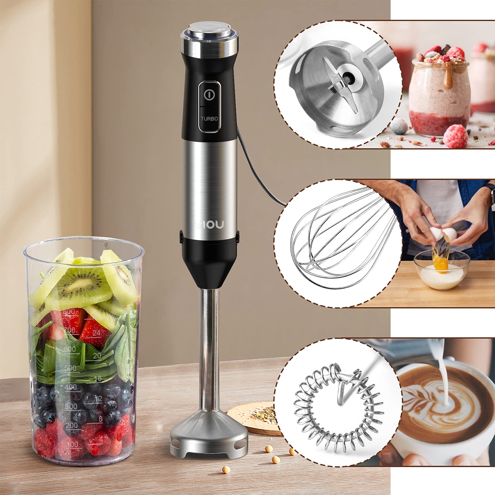Yiou Immersion Blender, Ultra-Stick Hand Blender Variable Speed Hand Blender 500 Watt Heavy Duty Copper Motor Brushed 304 Stainless Steel For Soups Sauces And Smoothie, Set Black
