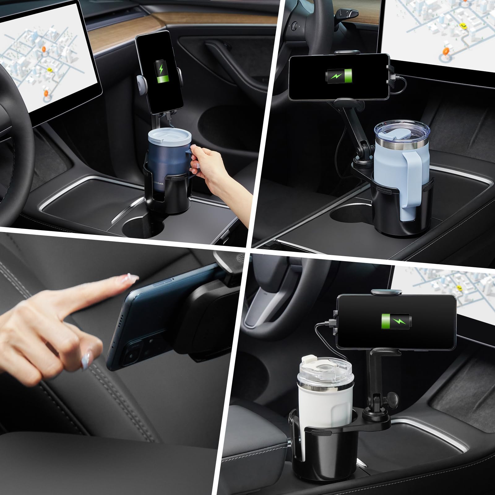 This Hill Cup Holder Phone Charger, 15W Fast Charging Auto Clamping, Phone Holder For Cup Holder Charger With Adjustable Base & 360° Rotation Compatible For All Smartphones(With Car Adapter)