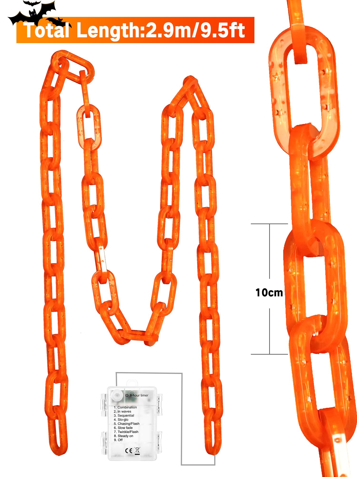 Flacchi Halloween Decorations Battery String Lights - 10 Ft 160 Led Plastic Chain String Lights With Waterproof, 8 Lighting Modes And Timer Function (Orange) Us Patent Product