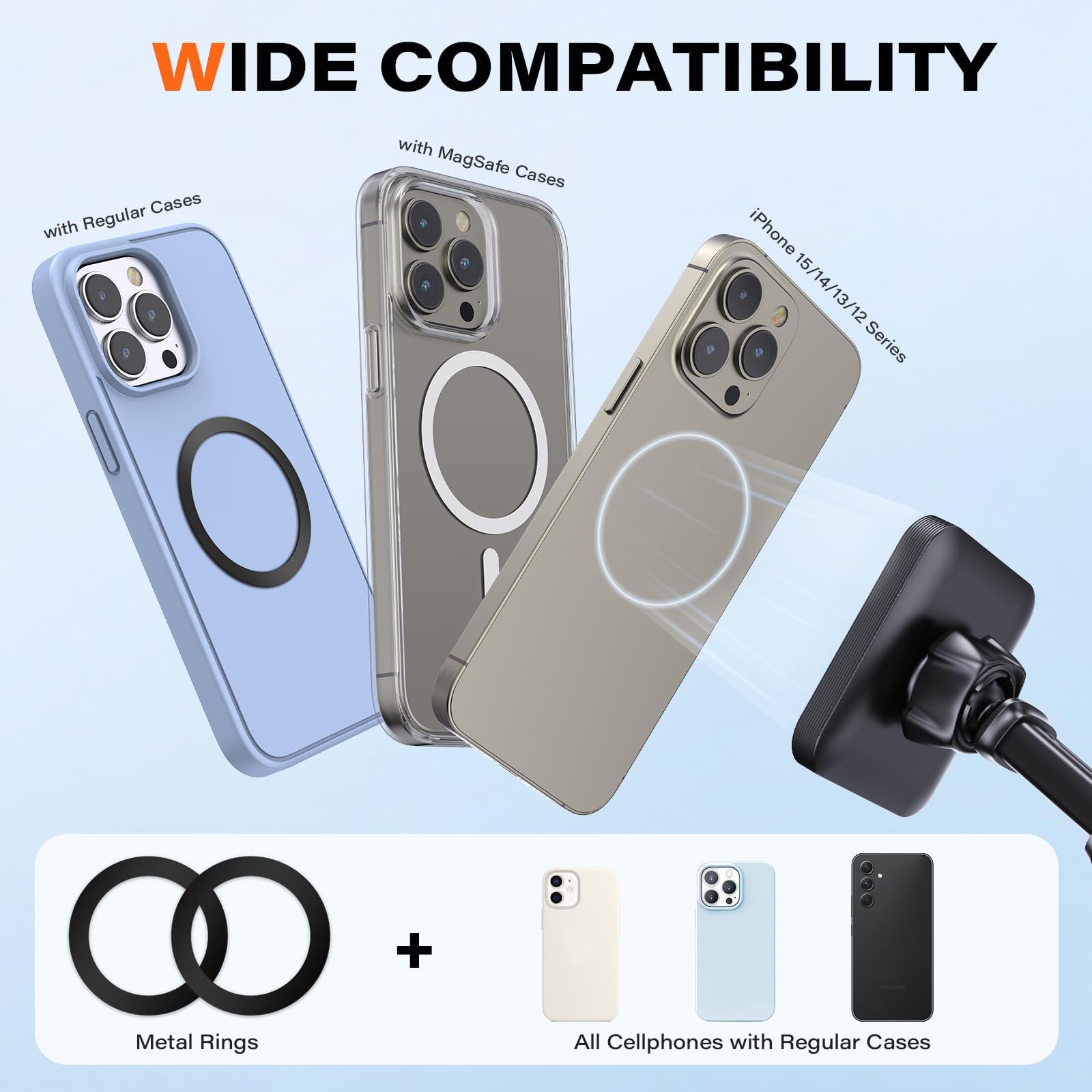 Apps2Car For Magsafe Car Mount, Magnetic Phone Holder For Car With Suction Cup, 17 Strong Magnets & Adjustable Arm, Dashboard & Windshield Phone Mount Compatible With Magsafe Case Iphone 12–15 Series