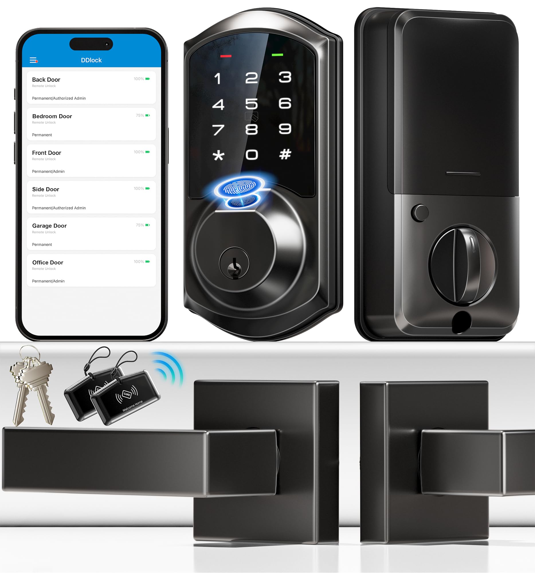 Veise Ve07-L Fingerprint Smart Locks For Front Door With 2 Lever Handle Set, App Control, Keyless Entry, Electronic Digital Keypad Deadbolt, Auto Lock, Waterproof, Easy To Install, Matte Black