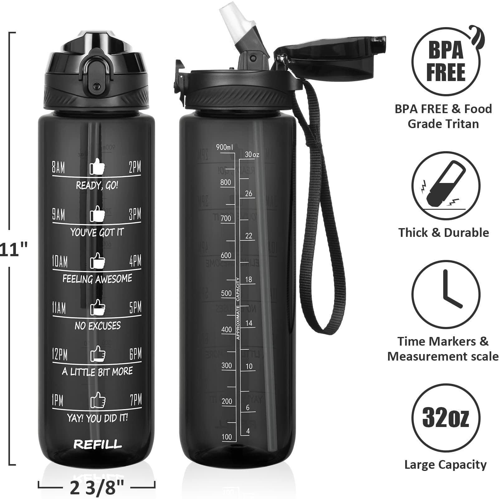 Fimibuke 32 Oz Water Bottle With Sleeve - Leakproof Sport Large 1L Plastic Motivational