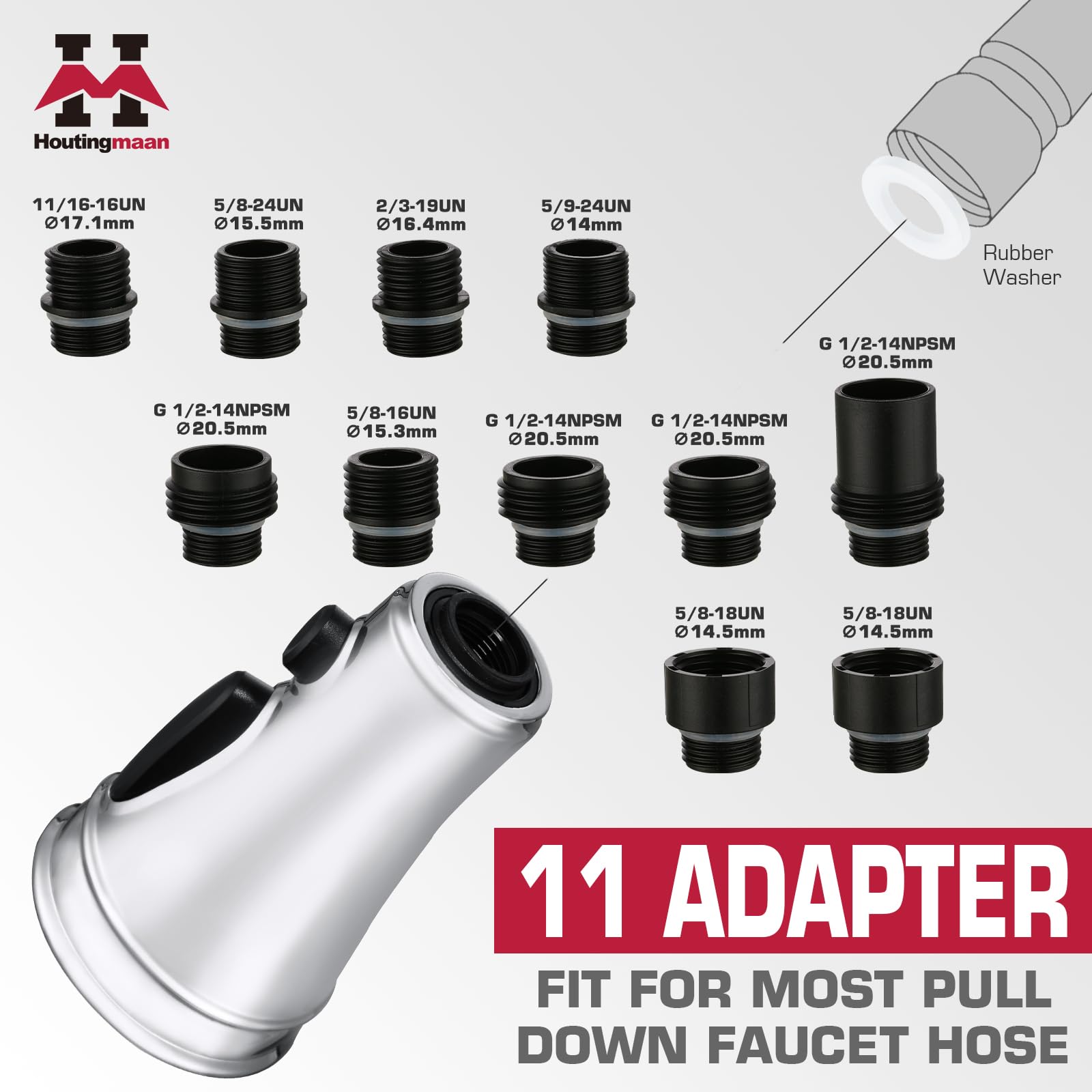 Houtingmaan Kitchen Faucet Head Replacement, 3 Function Pull Down Spray Head, Faucet Sprayer Nozzle With 11 Adapters, Compatible With Delta,Kohler,American Standard,Moen Faucet,Sink Faucet Head Chrome