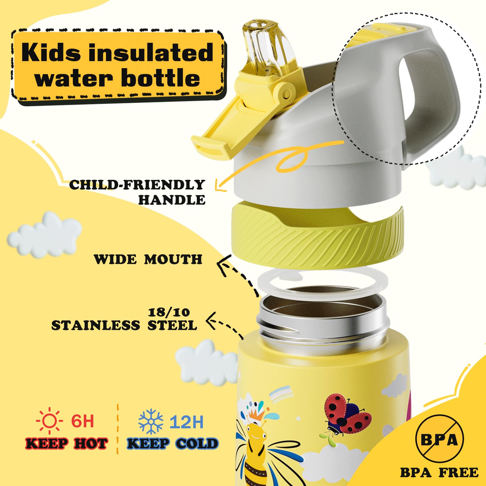 Kids Water Bottle For School, One-Click Open Stainless Steel Insulated Water Bottle With Straw Lid