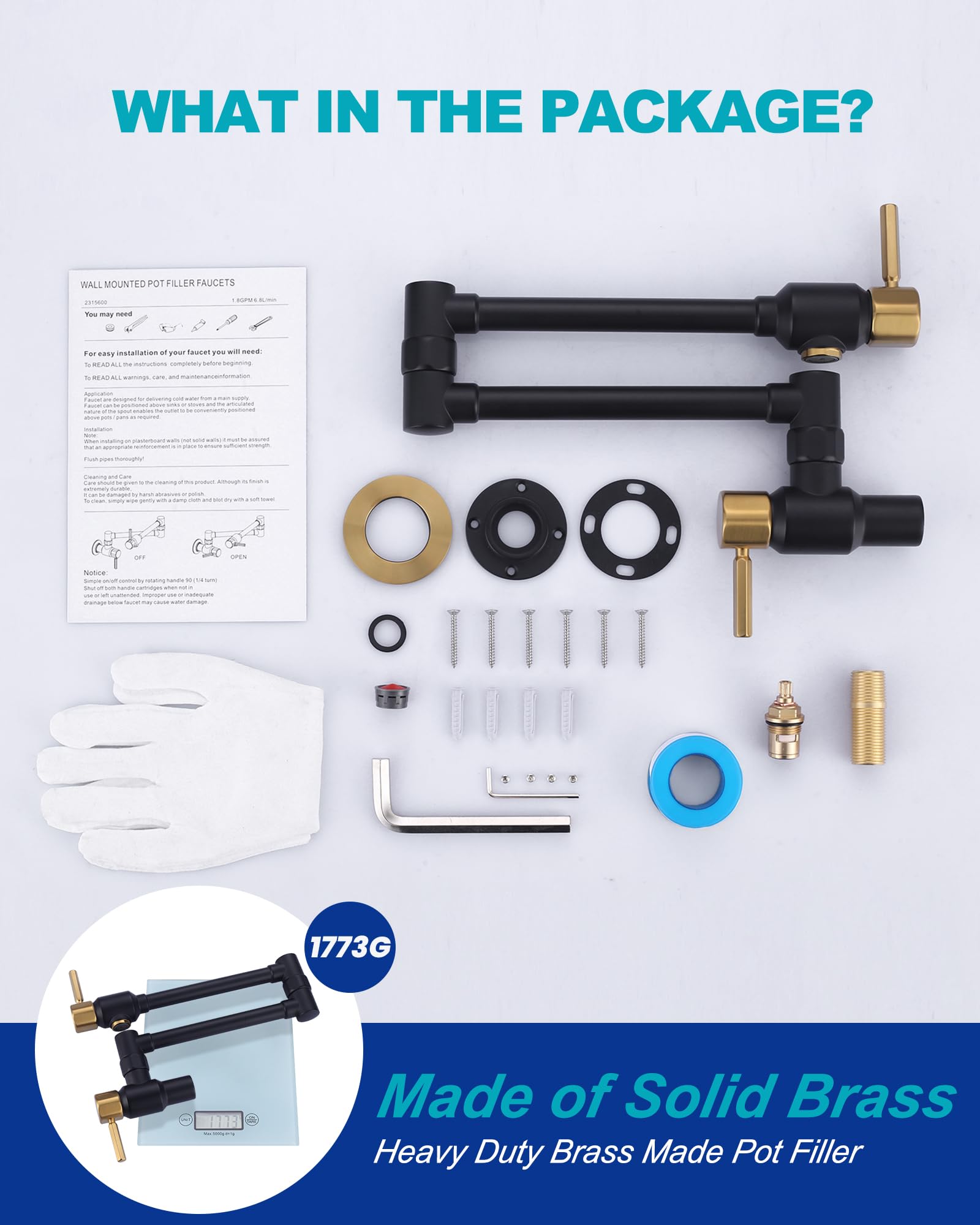 Aleasha Black And Gold Pot Filler Faucet: Solid Brass Made Heavy Duty Pot Filler, Wall Mount Pot Filler 2 Handles With Double Joint Swing Arms Over Stove For Kitchen