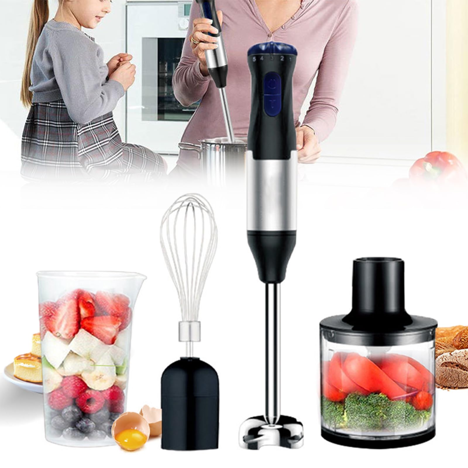 Miboce 1000W Portable Hand Blender, 4-In-1Hand Immersion Blender Set, With Beaker, Chopper, Egg Whisk, 5 Speed Adjustable, For Smoothies, Soups, Sauces, Puree, Dip