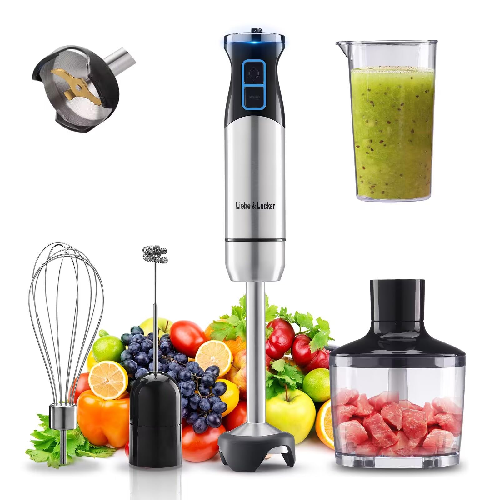 Liebe&Lecker 5 In 1 Hand Blender, Immersion Blender 8-Speed With Whisk, Milk Frother Attachments, Portable Stick Mixer For Baby Food, Smoothies & Soups. (Corded 1095)
