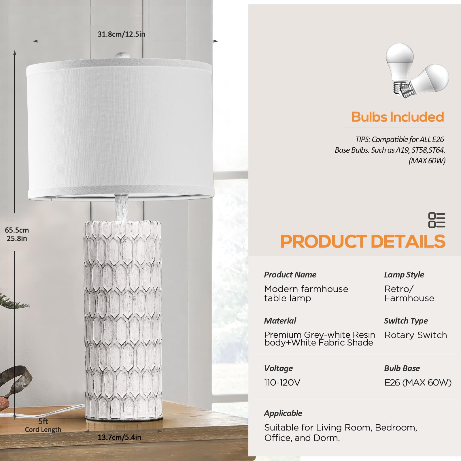 Spclsim 26" Farmhouse Table Lamps For Bedrooms Set Of 2, Traditional Tall End Table Lamps For Living Room,Rustic Bedside Nightstand Lamps With Grey-White Resin Body White Fabric Shade,Bulbs Included