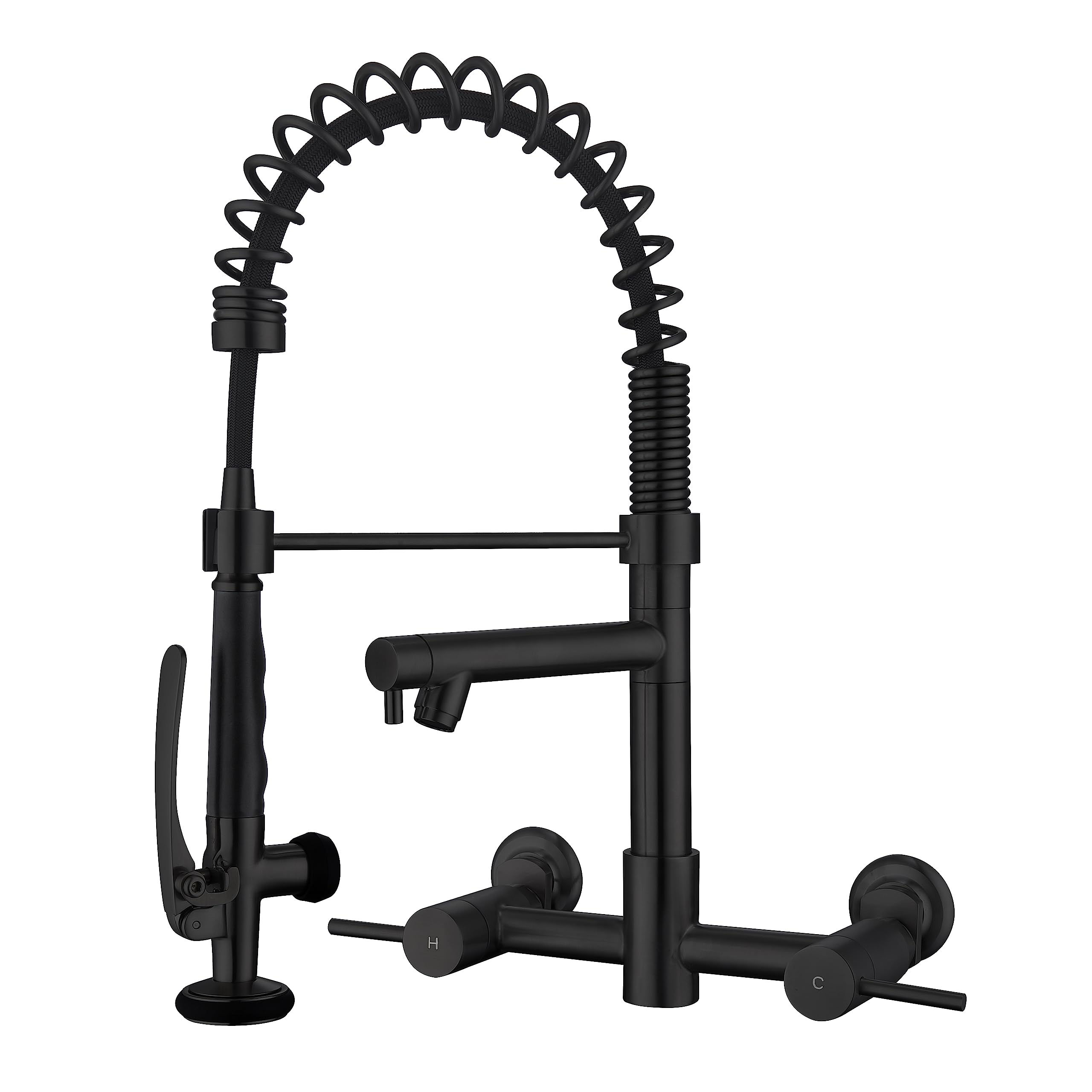 Pirooso Commercial Wall Mount Kitchen Faucet With Pre-Rinse Sprayer & Pot Filler - 8-Inch Center High Arc Spring Faucet With Two Handles - Modern Black Finish For Kitchen Sinks