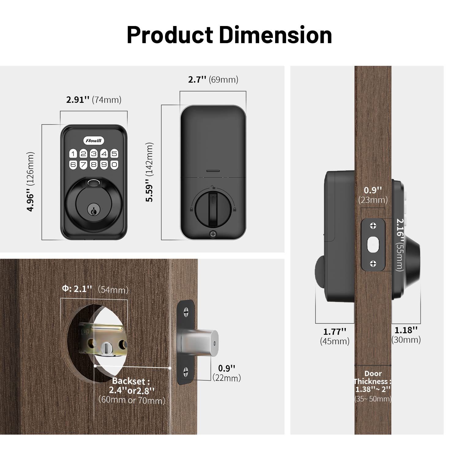 Zowill Fingerprint Door Lock, Keyless Entry Lock Keypad Deadbolt With 20 Biometric Fingerprints, User Codes, Auto Anti-Peeping Password, Ip54 Waterproof, Easy Installation Smart