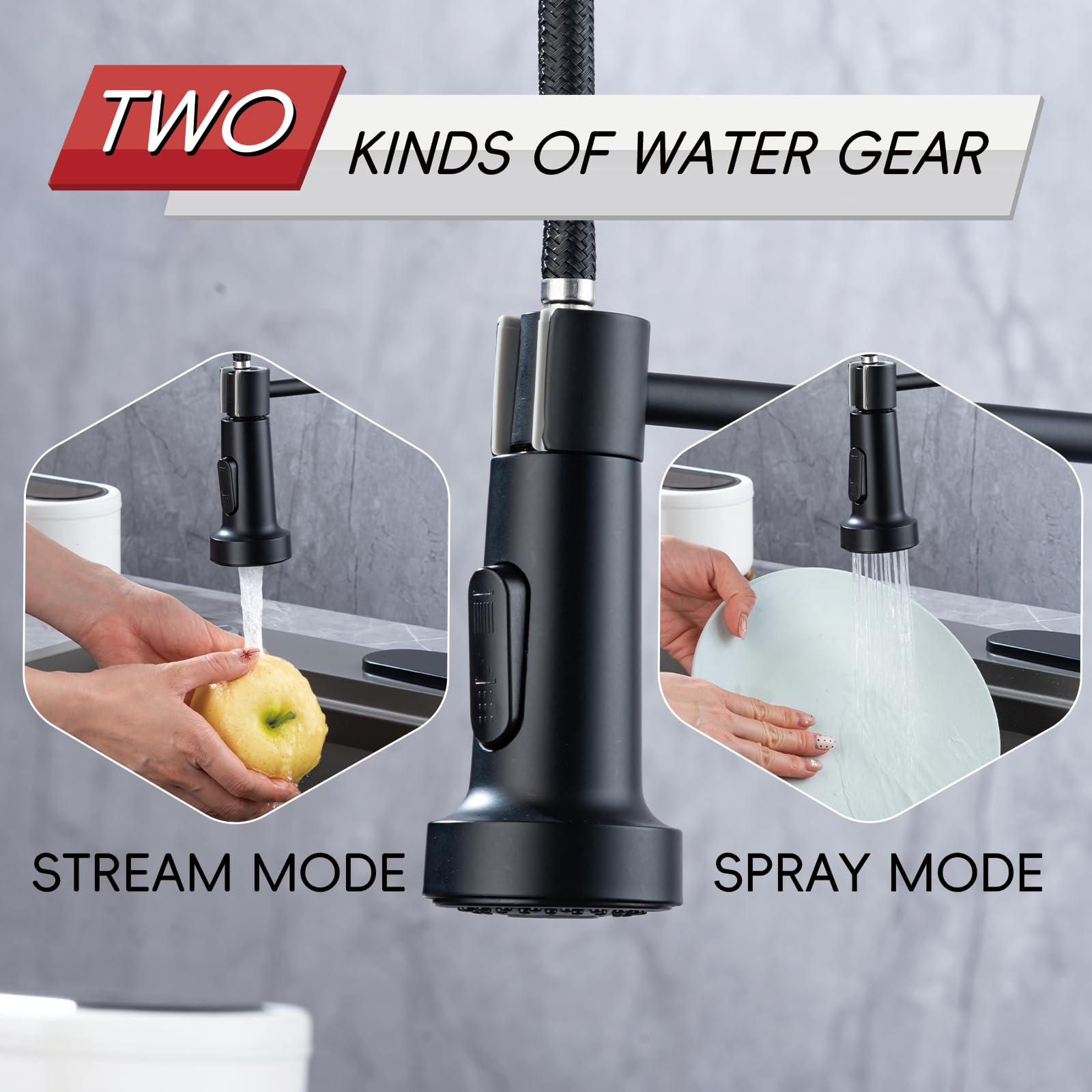 Peicual Kitchen Faucets With Pull Down Sprayer, Matte Black Commercial Sink Faucet, Solid Brass Spring Design, 10-Inch Deck Plate For 1 Or 3-Hole Installation