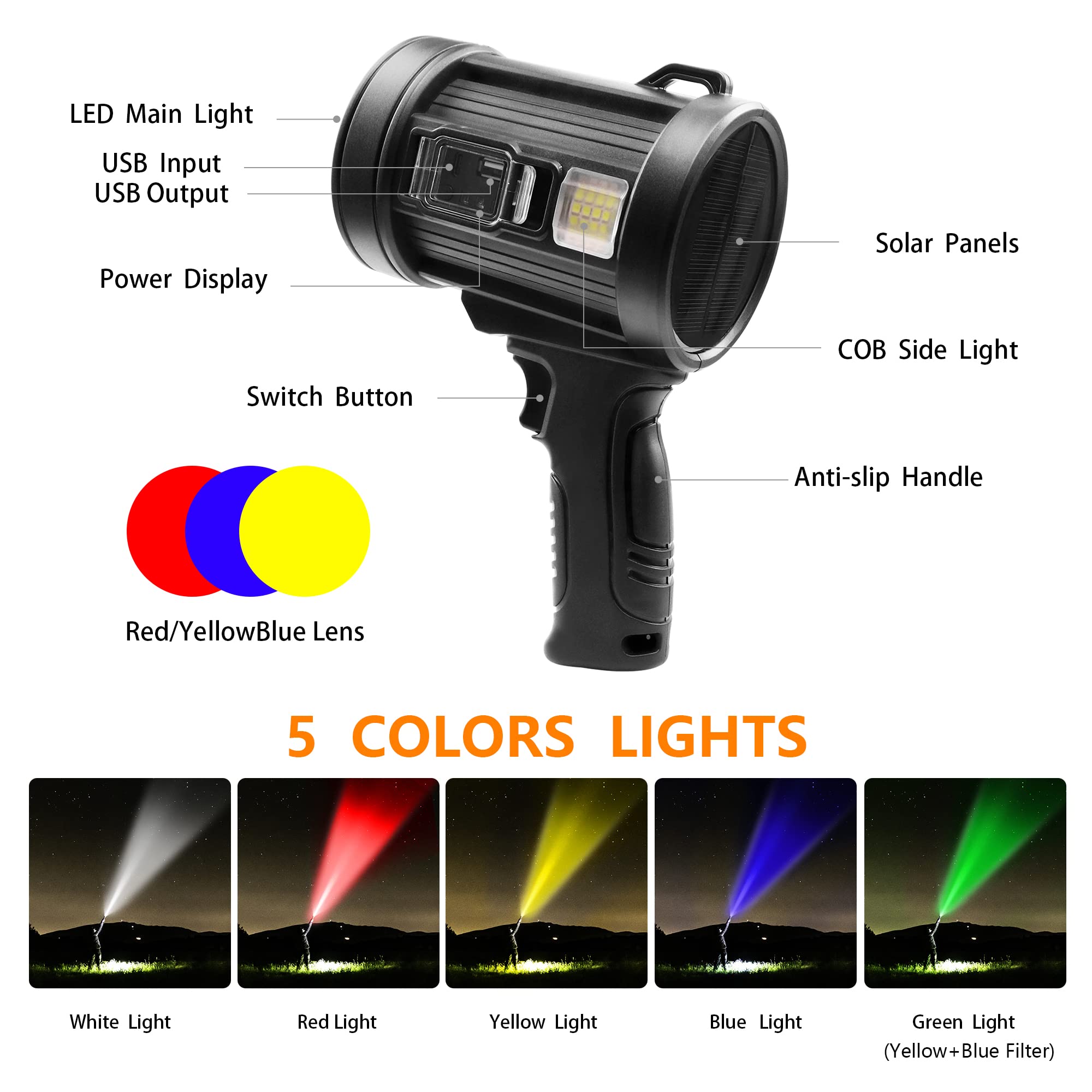 Buthsku Rechargeable Flashlight, 90000 Lumens Handheld Flashlight With Cob Light, 4 Color 6 Modes Portable Led Flashlight For Hunting Boating Camping