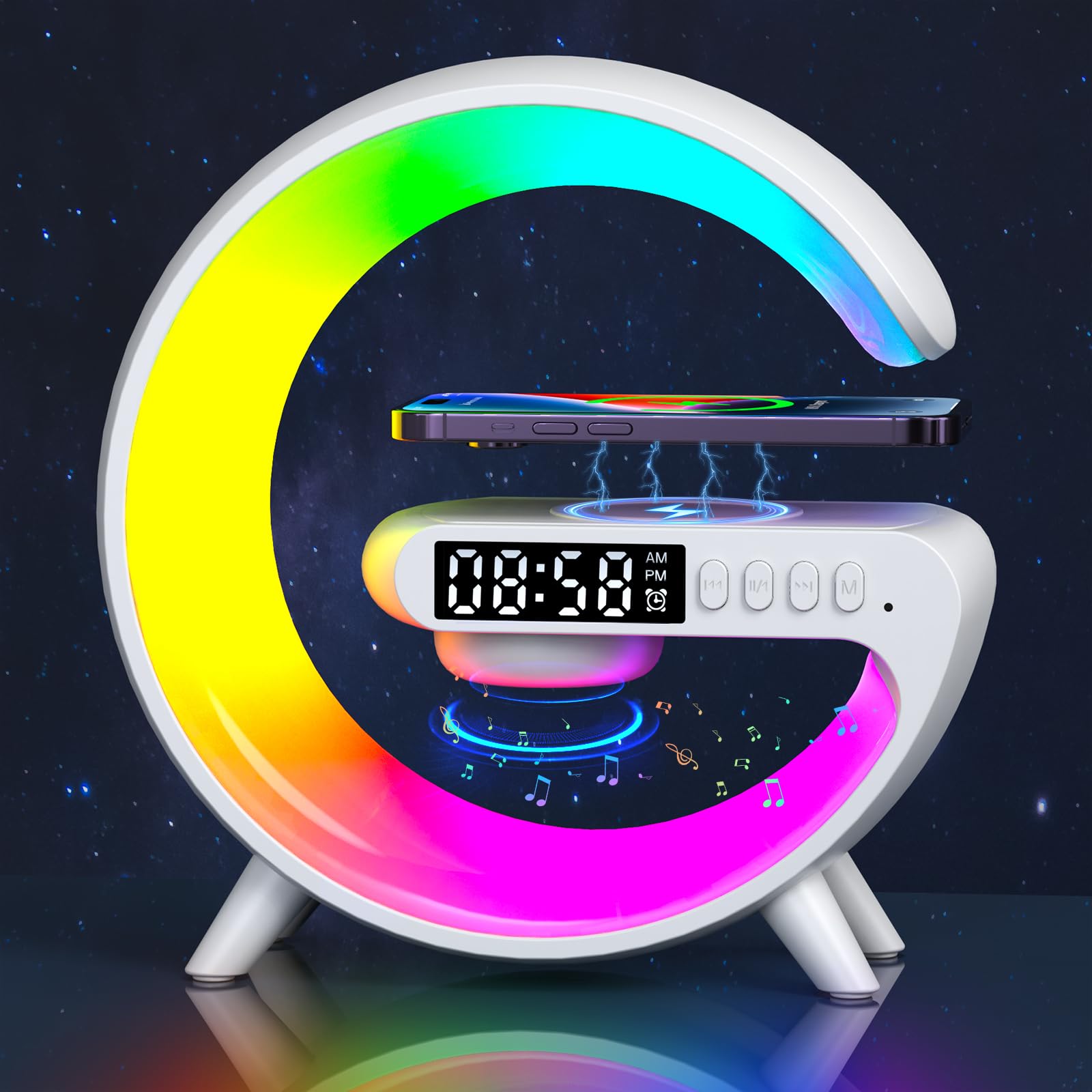 Leenabao Mini Wireless Speaker Lamp With Alarm Clock, Wireless Charging, Atmosphere Light, Bedside Table Lamp (White)