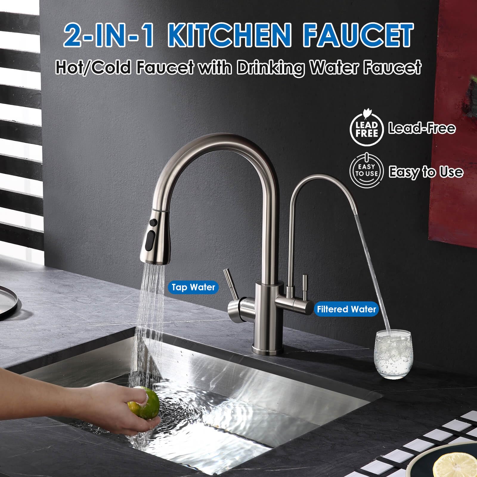 Rovogo Kitchen Sink Faucet With Filtered Water Spout, Dual Handle Single Hole High Arc Faucet With Pull Down Sprayer, Stainless Steel, Brushed