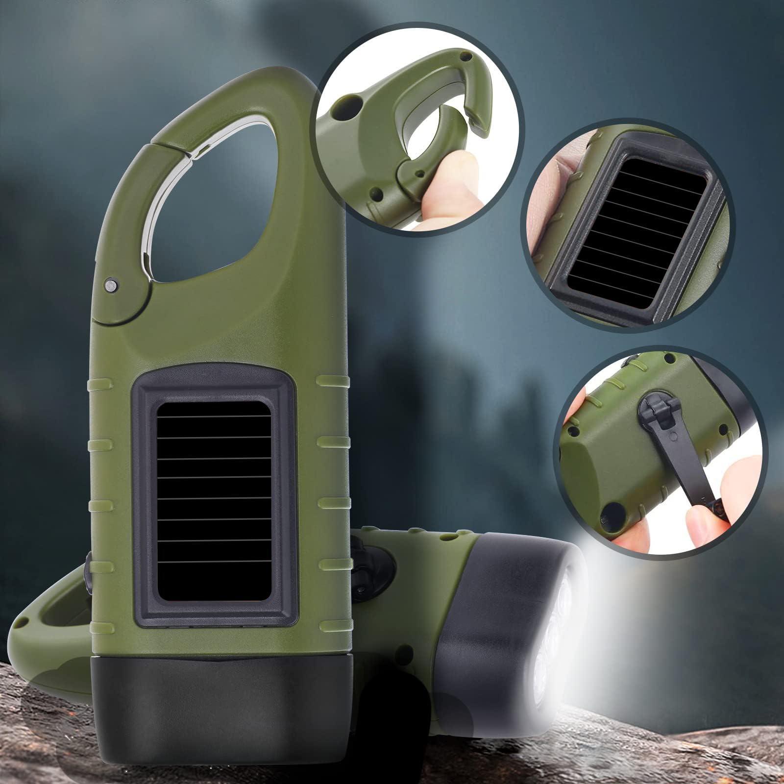Eknbke Hand Crank Solar Flashlight, Portable Led Survival Flashlight For Camping, Outdoor, Hiking - No Battery Required - Green