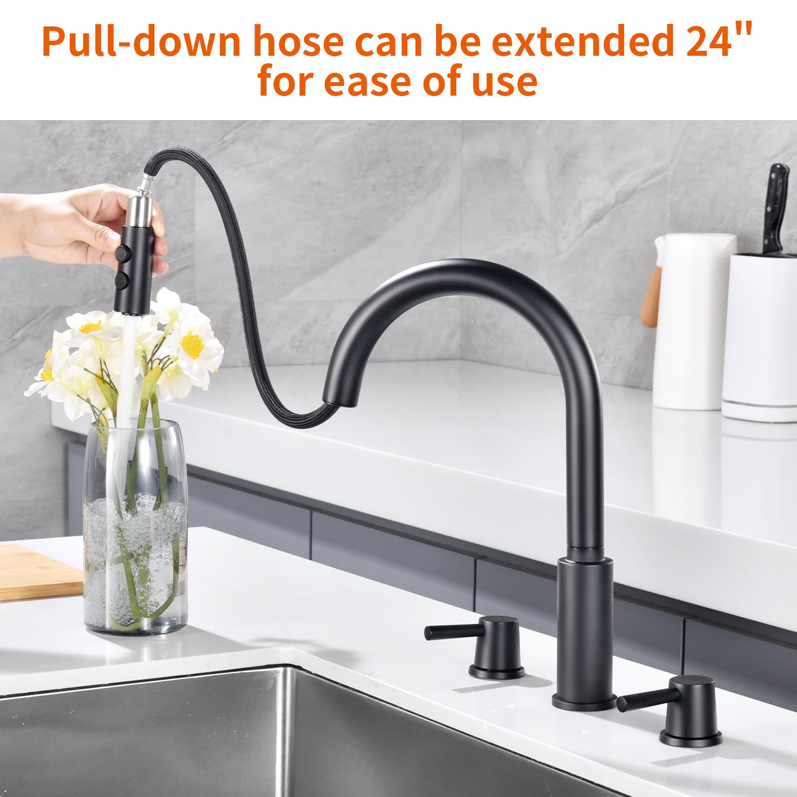 Rulia Kitchen Faucet, 2 Handles Kitchen Sink Faucet, 3 Holes Sink Faucet, Pull Down Kitchen Faucets, Bar Kitchen Faucet, Matte Black, Stainless Steel, Rb1064