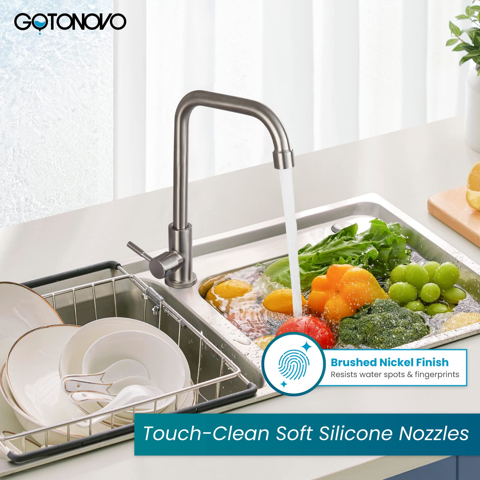 Gotonovo 304 Stainless Steel Cold Water Kitchen Faucet Commercial Tap 90 Degree Bar Faucet Single Lever Brushed Nickel Modern Saving Water