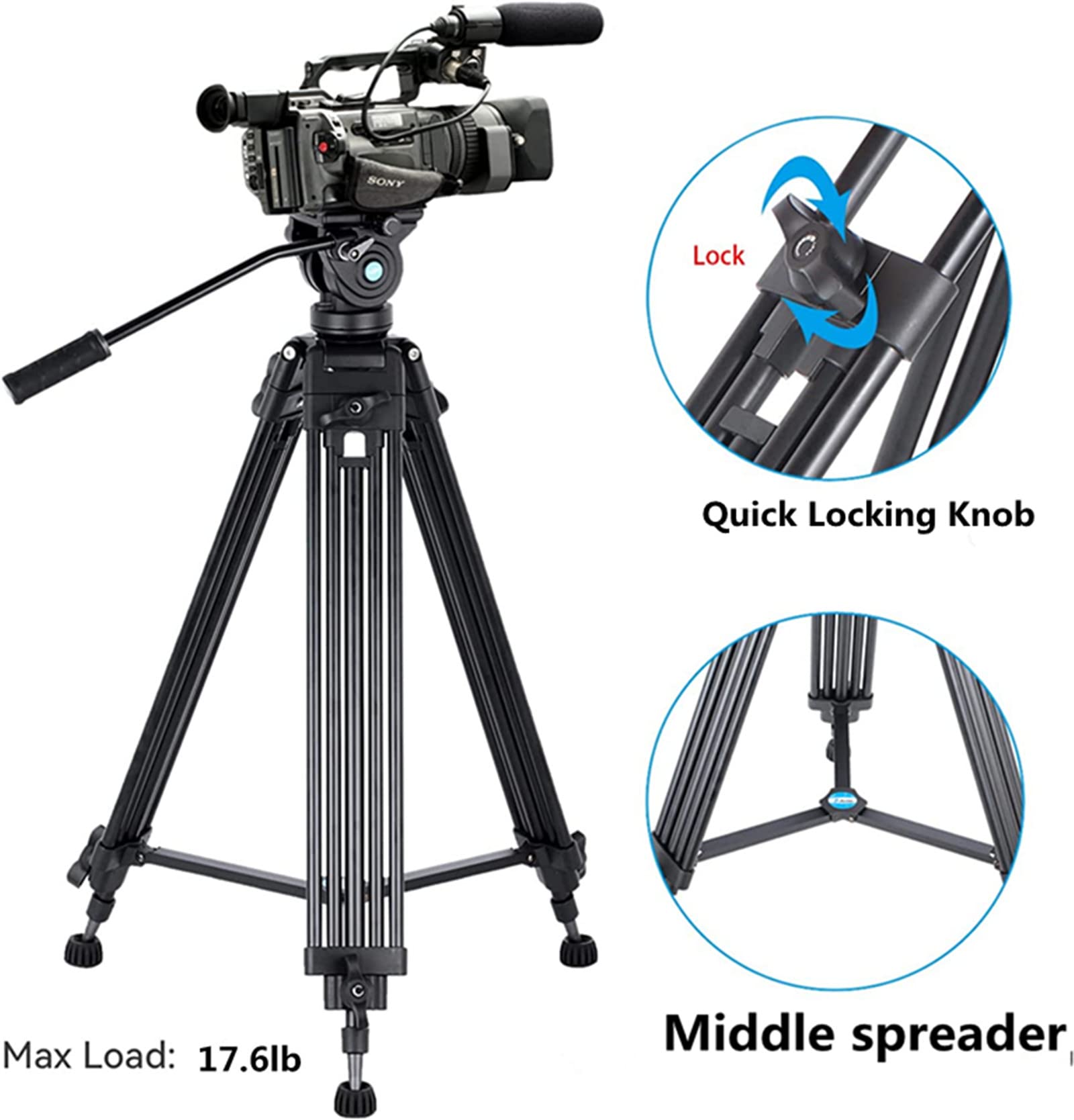 Yusen 62"/158Cm Video Tripod Professional Heavy Duty Aluminum Twin Tube Video Tripod 360 Degree Fluid Head Mid-Level Spreader For Dslr Camcorder Camera Load Up To 17.6Lb/8Kg