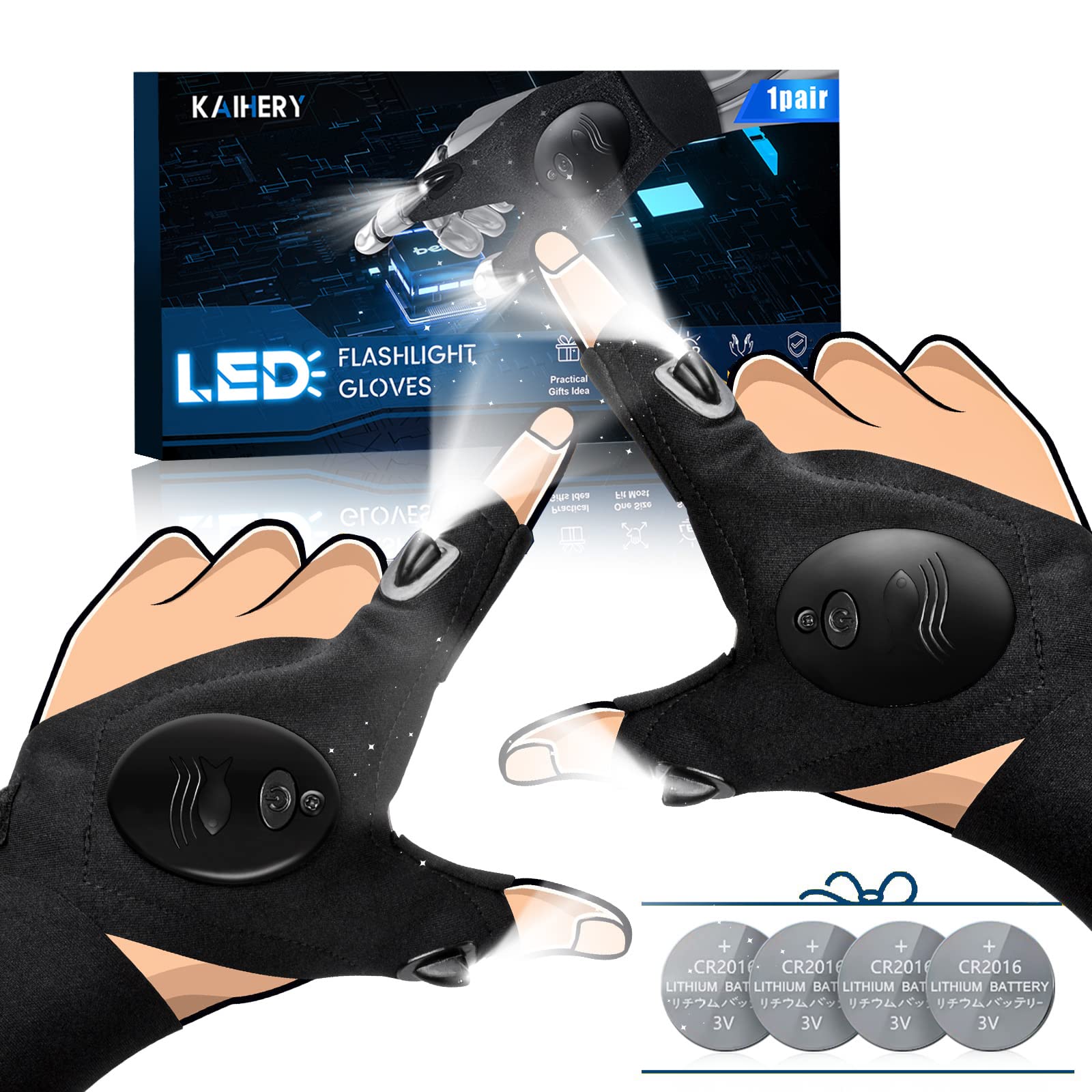 Kaihery Led Flashlight Gloves, Cool Tools Gadgets For Men, Dad Boyfriend For Christmas Fathers Day Birthday, Hands- Lights For Camping Fishing Repairing Running Mechanic Car Guy