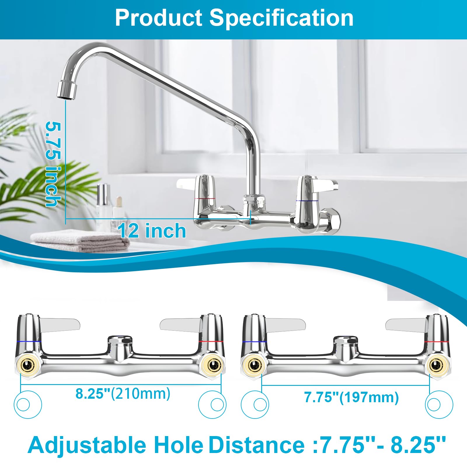 Bestjeef Wall Mount Faucet For Kitchen Sink: 8 Inch Center Commercial Faucet With 14" Swivel Spout - Ideal For Industrial Restaurant 3 Compartment Sinks