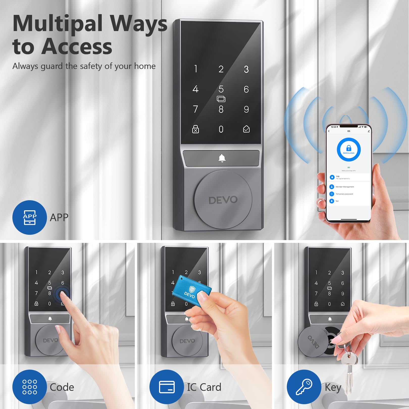 Devo Smart Lock, Keyless Entry Door Lock For Front Door, Bulit-In Wifi Deadbolt, App Remote Control, Digital Smart Locks, Electronic Touchscreen Keypad, Auto Locks, Easy Installation(Gray)