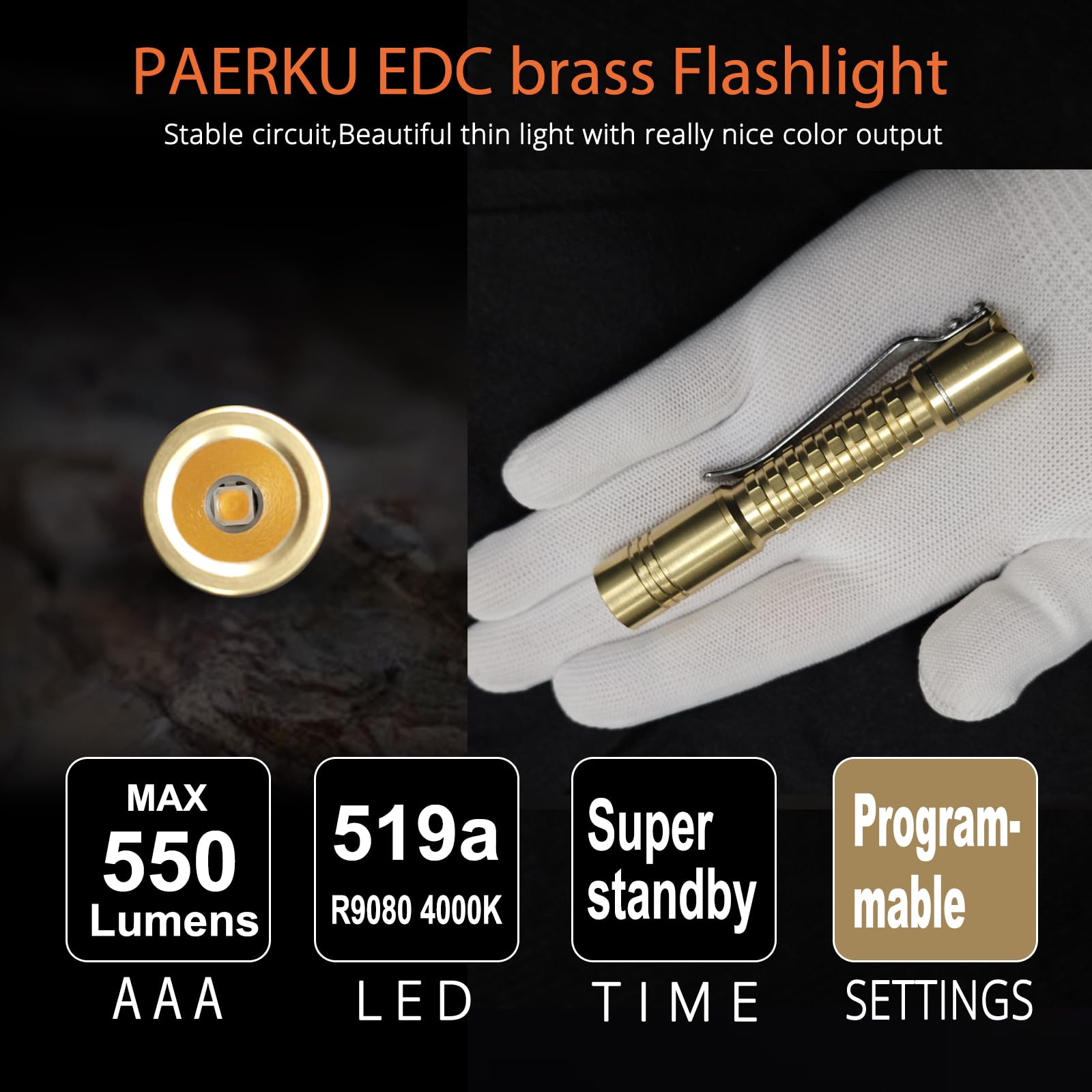 Paerku Pineapple Mini Flashlight,Nichia 519A R9080 4000K Aaa Small Led Copper Flashlight By Reylight For Outdoor, Power Outage Lighting, Emergency Lighting, Without Batteries-Brass