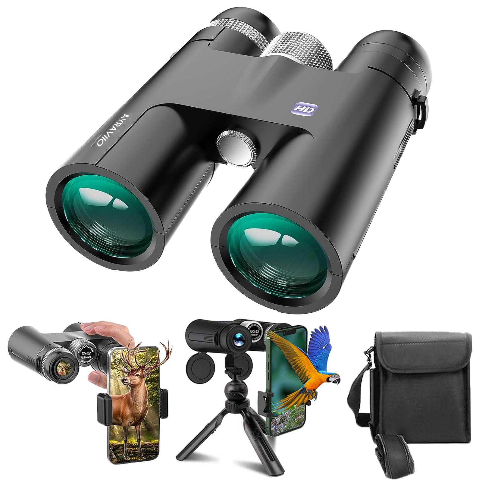 Ayraviio 12×42 Binoculars For Adults With Smartphone Holder & Tripod, Birthday  For Men Dad Him Husband Teen, High Power Lightweight Binoculars, Fmc & Bak4 Prism, Survival Hiking Gear