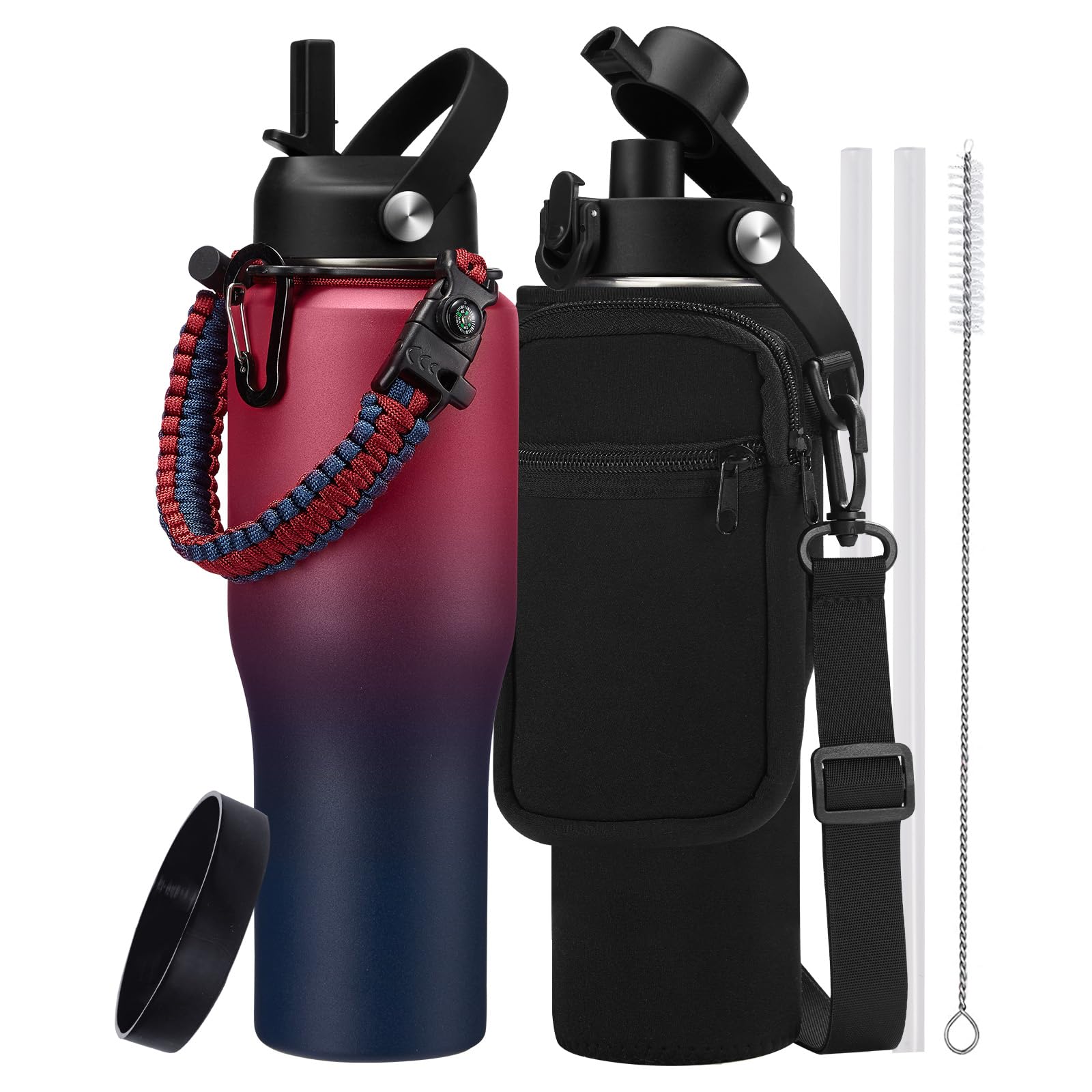 32 Oz Water Bottle Stainless Steel Tumbler - W/Paracord Handle, Straw Lid & Spout Lid & Sling Bag