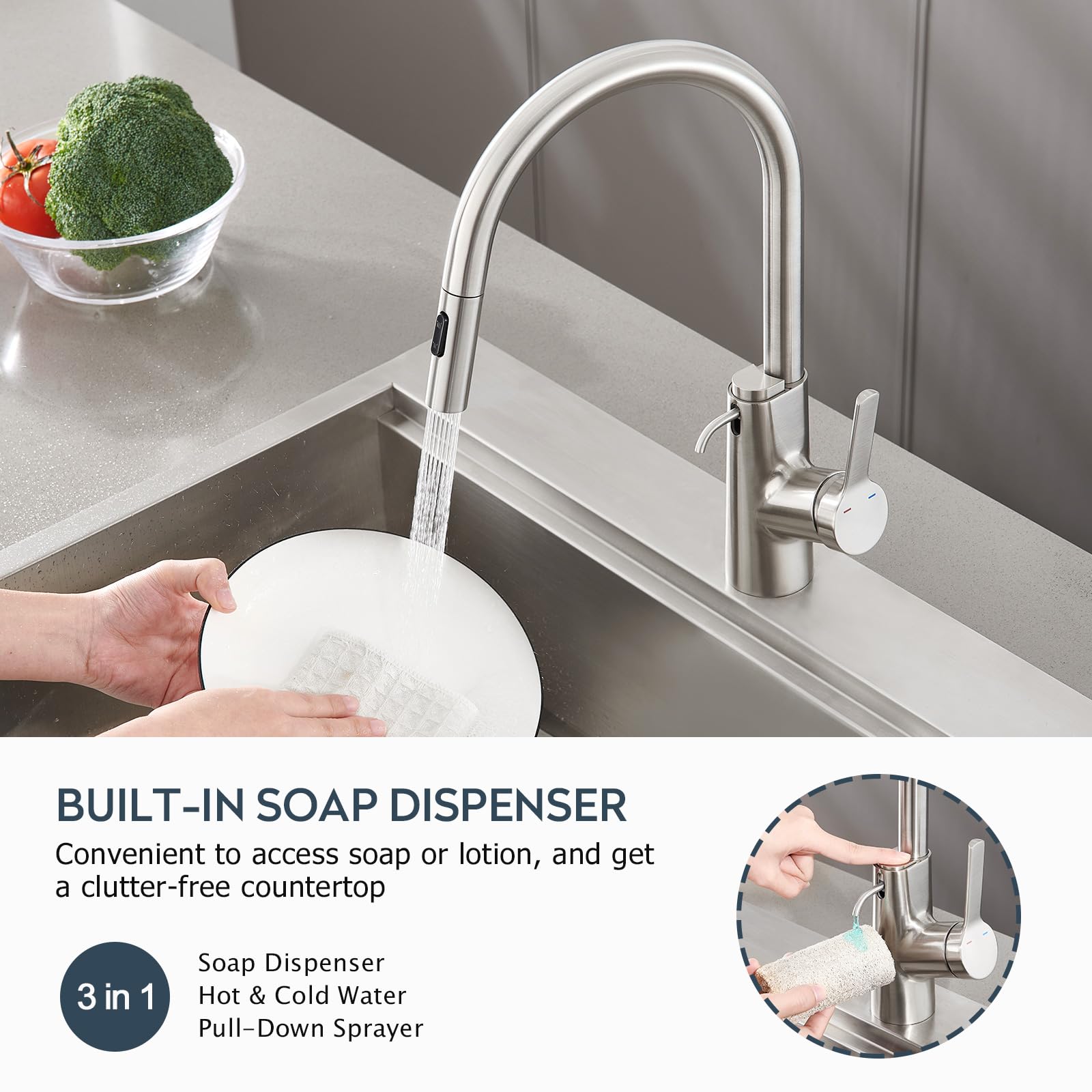 Aktines Kitchen Faucet With Built-In Soap Dispenser And Pull Down Sprayer, High Arc Stainless Steel Faucet For Kitchen, Wet Bar, Laundry, Outdoor, Or Rv Sinks, Brushed Stainless