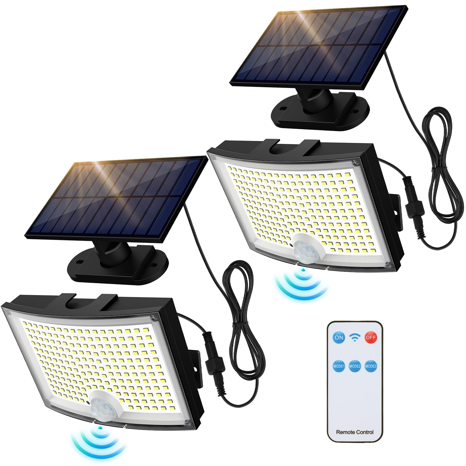 Adiding Solar Outdoor Lights, 3500Lm Led Flood Lights With 16.4 Ft Cable, Remote Control Solar Motion Sensor Lights With 3 Modes, Solar Powered Security Lights For Outside Patio, Yard, Garage, 2 Pack